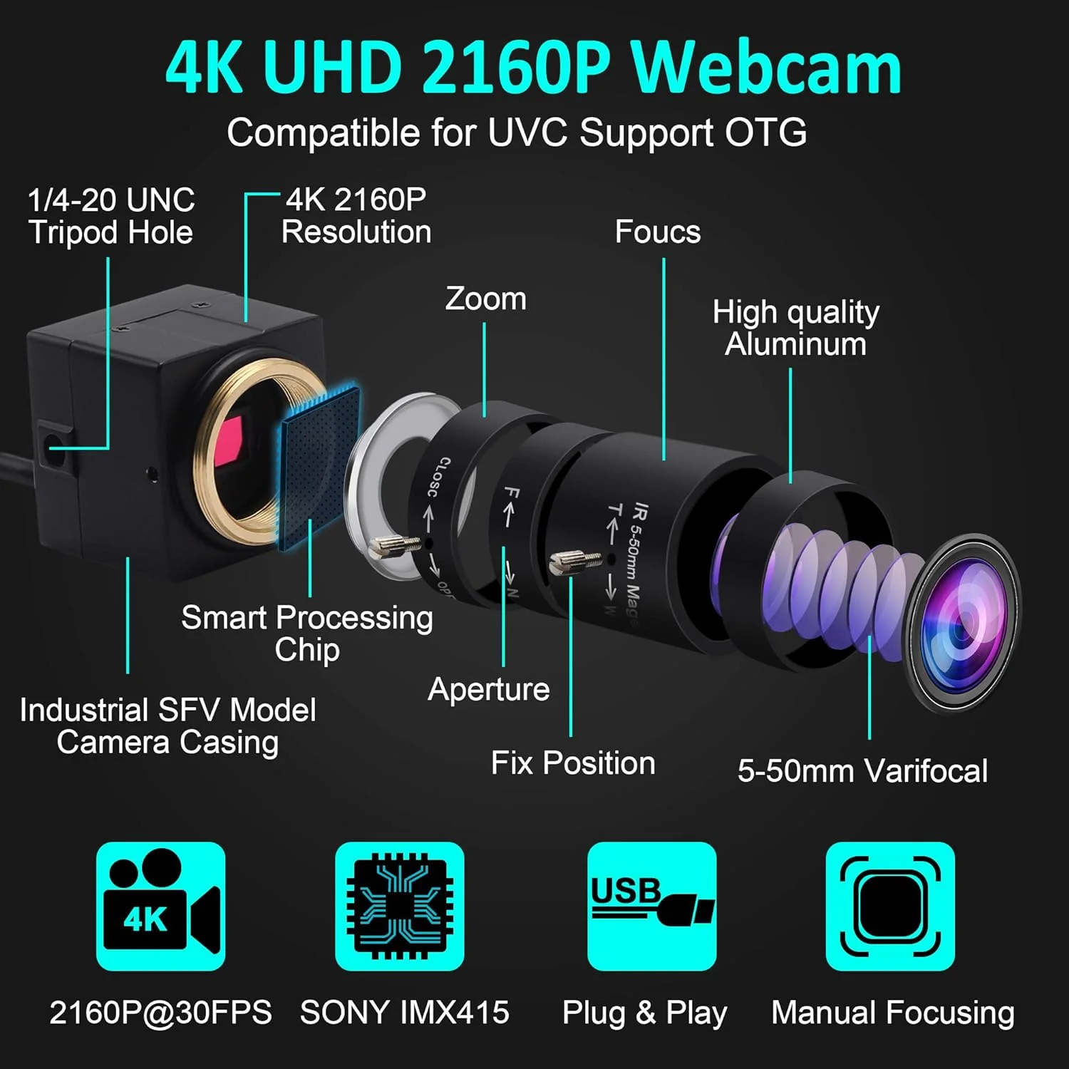 وب کم 4K مدل ELP، دوربین وب با زوم 2160P با لنز دستی 5-50 میلیمتری، دوربین فوقالعاده HD با فوکوس متغیر، اتصال آسان، دوربین کنفرانس وب برای ویندوز/لینوکس/اندروید USB 2.0 مدل USB4K03-SFV (5-50) وب کم 4K مدل ELP، دوربین وب با زوم 2160P با لنز دستی 5-50 میلیمتری، دوربین فوقالعاده HD با فوکوس متغیر، اتصال آسان، دوربین کنفرانس وب برای ویندوز/لینوکس/اندروید USB 2.0 مدل USB4K03-SFV (5-50)