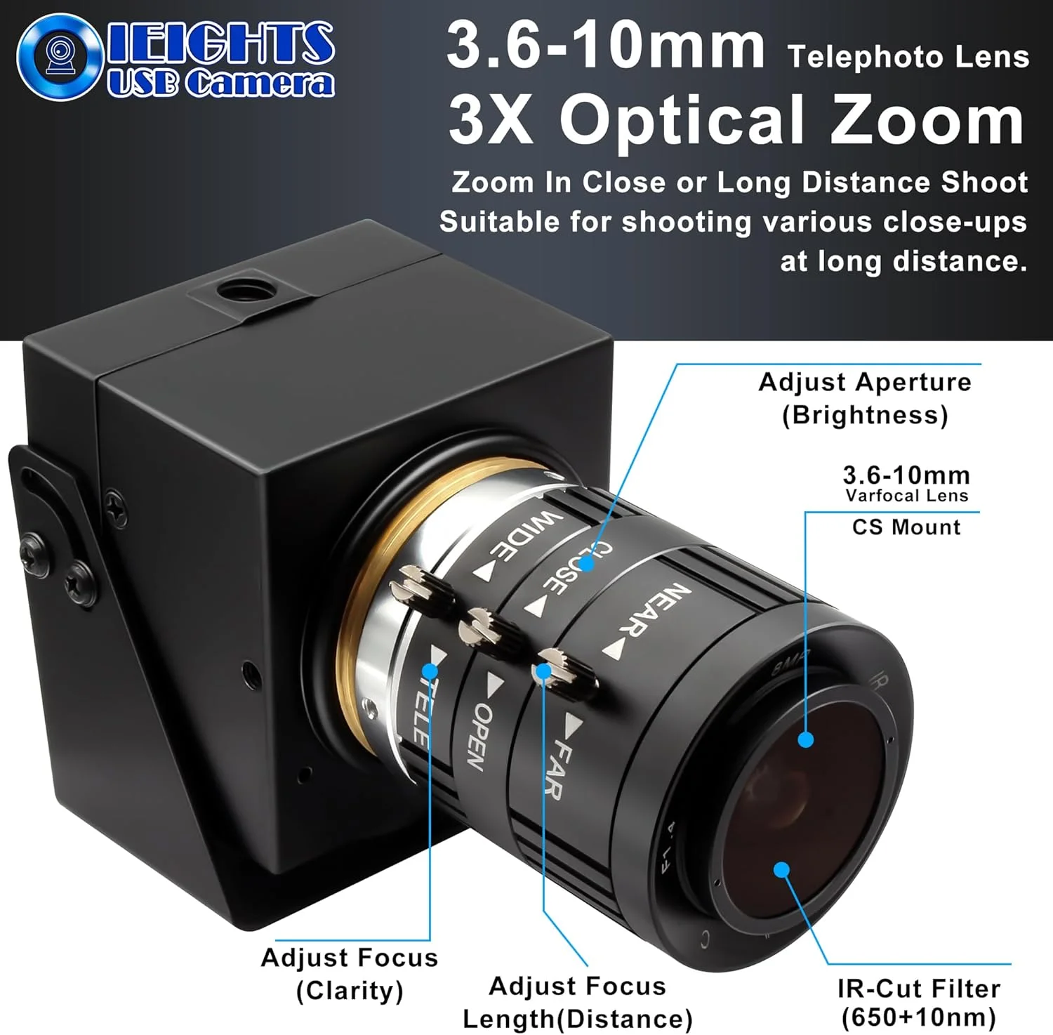 وب‌کم USB با فوکوس متغیر IEights 12 مگاپیکسلی برای کامپیوتر 1080P 120fps با زوم دستی، دوربین Lightburn با سرعت بالا 3.6-10mm با زوم 3X، وب‌کم امنیتی USB2.0 PC با لنز وریفوکال برای کنفرانس ویدیویی