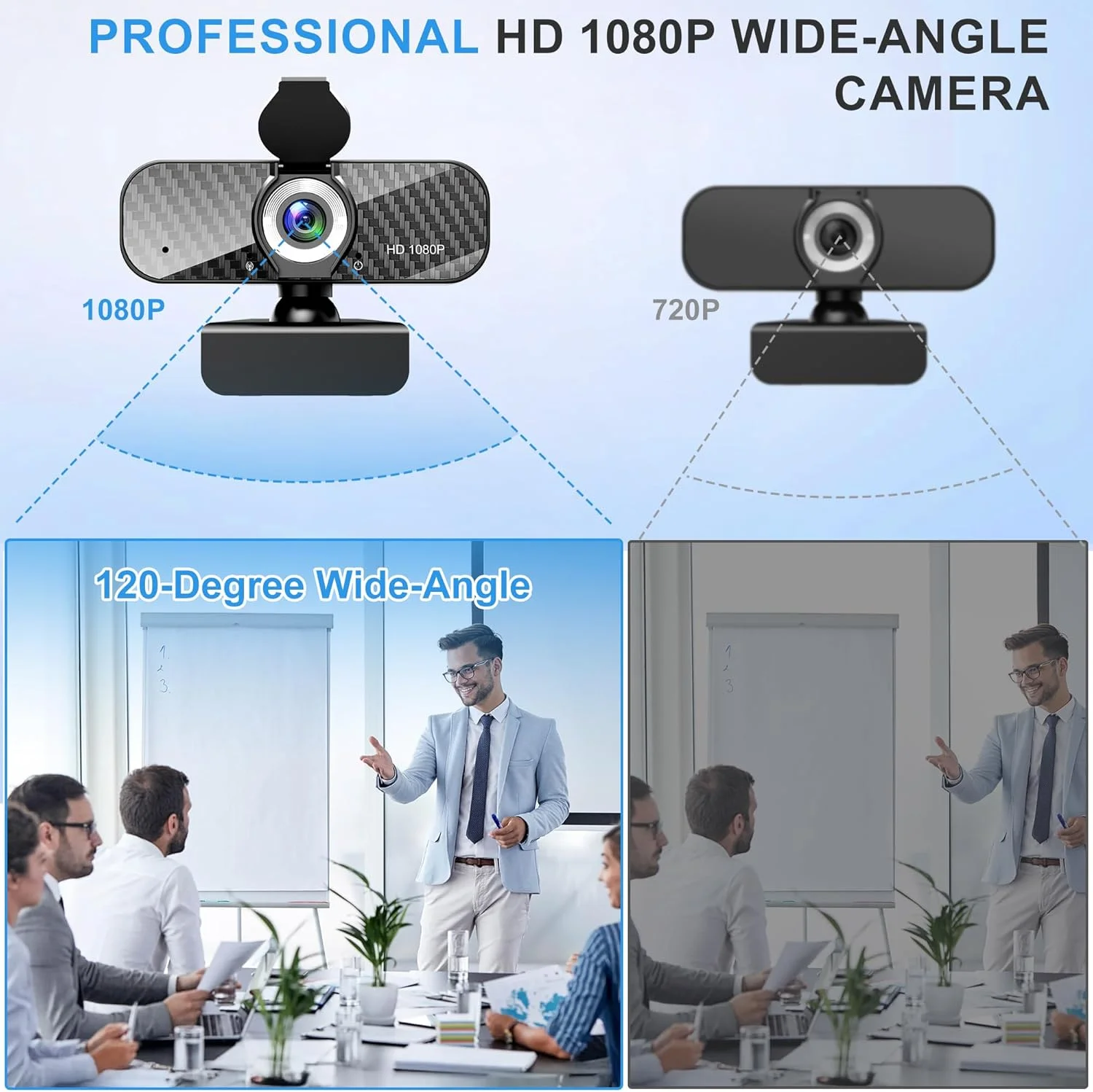 وب کم فول اچ دی 1080P با میکروفون داخلی و سه پایه چرخشی، صفحه فیبر کربنی و پوشش حریم خصوصی، تصحیح نور خودکار، FOV قابل تنظیم، Plug&Play برای Zoom/Skype/Facetime/YouTube، لپ تاپ/کامپیوتر
