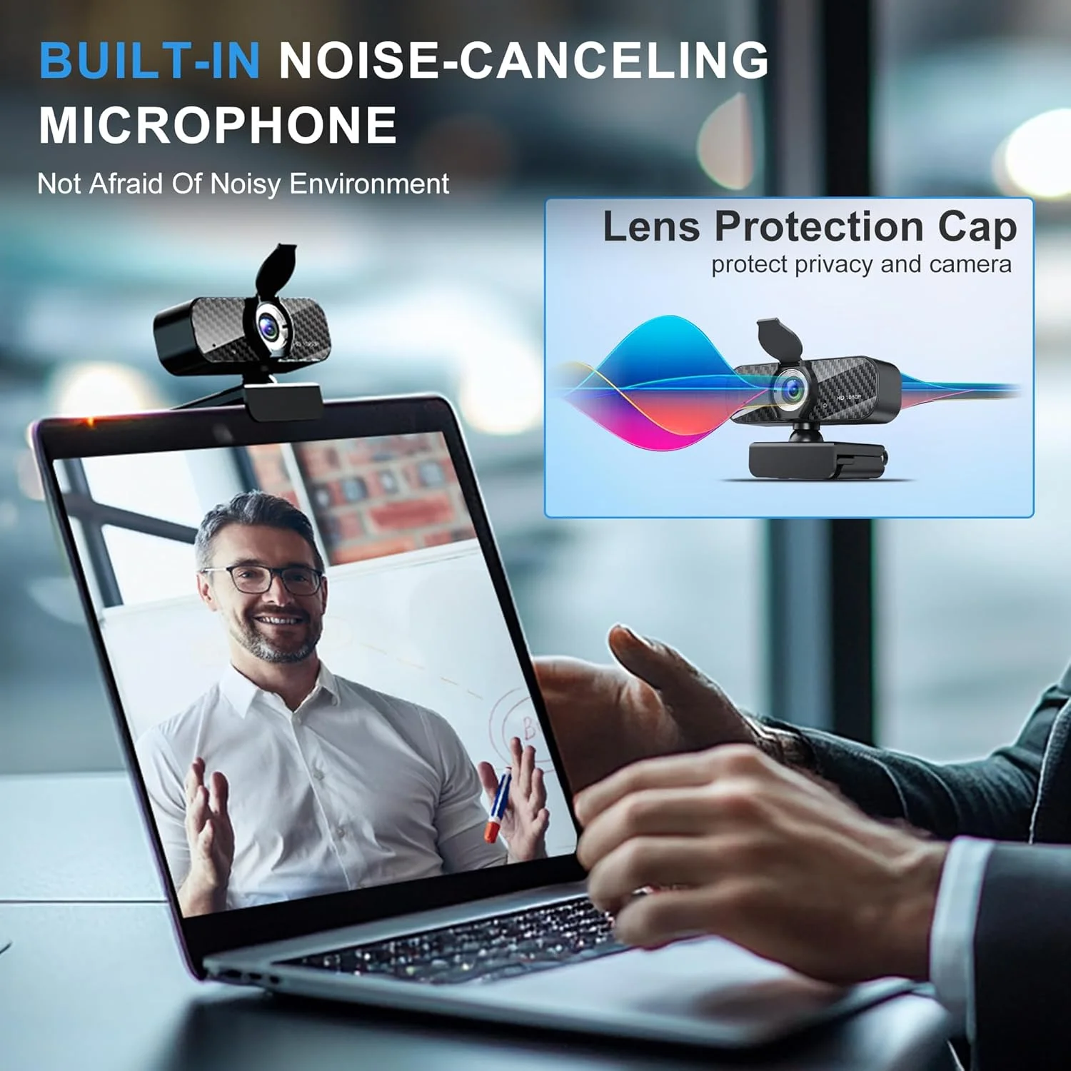 وب کم فول اچ دی 1080P با میکروفون داخلی و سه پایه چرخشی، صفحه فیبر کربنی و پوشش حریم خصوصی، تصحیح نور خودکار، FOV قابل تنظیم، Plug&Play برای Zoom/Skype/Facetime/YouTube، لپ تاپ/کامپیوتر