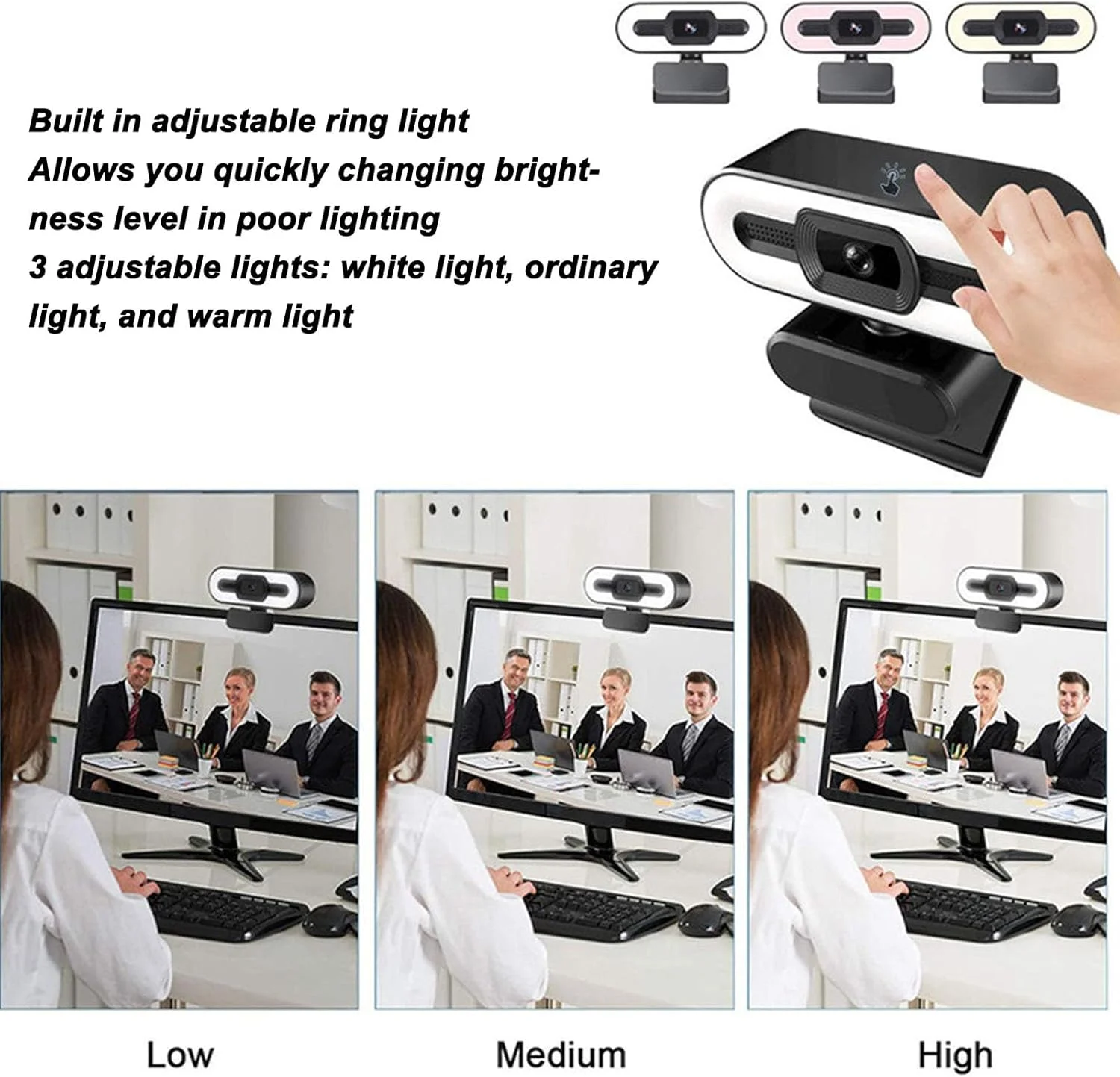 وب‌کم برای کامپیوتر، وب‌کم 1080P فول اچ‌دی با میکروفون و رینگ لایت، چرخش 360 درجه، زاویه دید 120 درجه، وب کم USB 2.0 با قابلیت اتصال آسان برای کنفرانس و پخش زنده