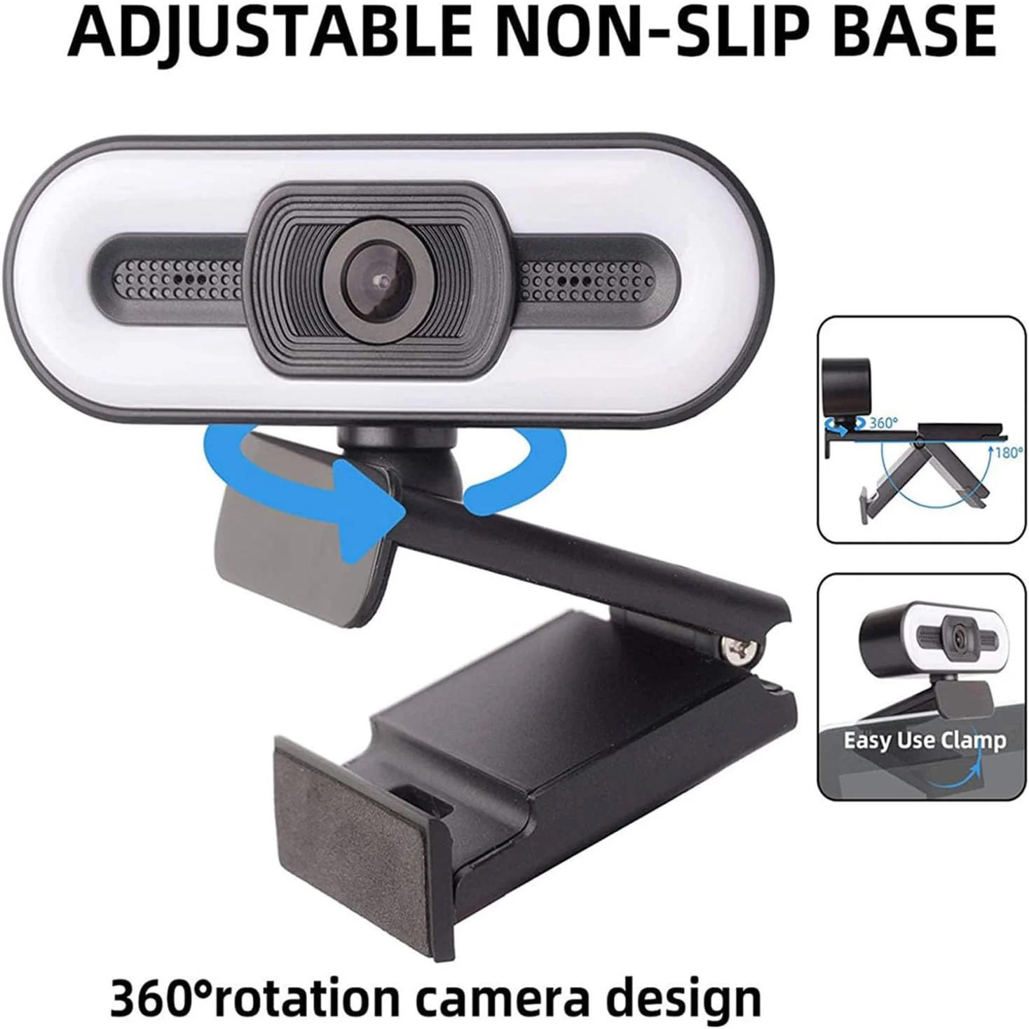 وب‌کم برای کامپیوتر، وب‌کم 1080P فول اچ‌دی با میکروفون و رینگ لایت، چرخش 360 درجه، زاویه دید 120 درجه، وب کم USB 2.0 با قابلیت اتصال آسان برای کنفرانس و پخش زنده