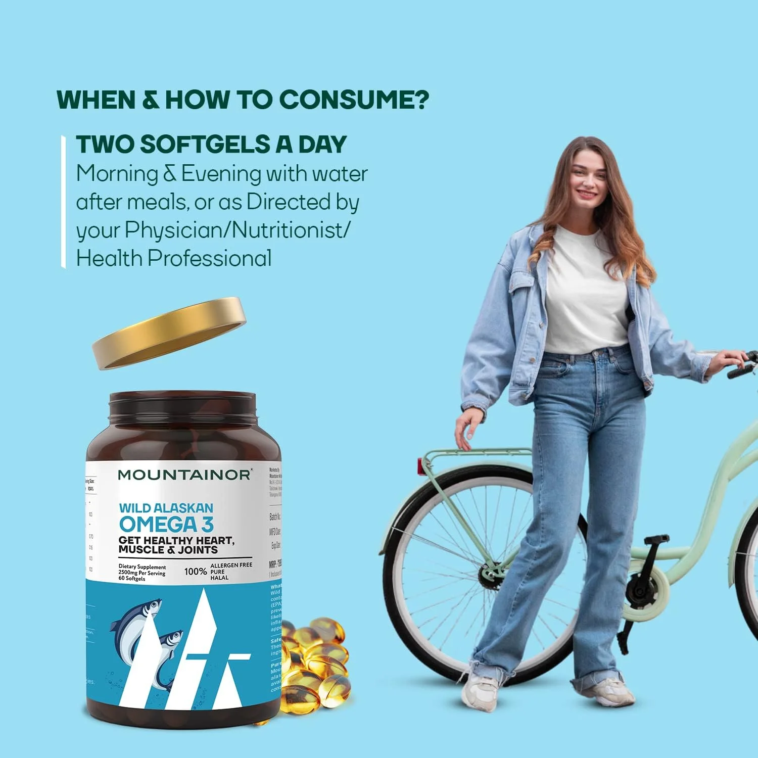 روغن ماهی امگا 3 دریای عمیق MOUNTAINOR از آلاسکا - 2500 میلی گرم (60 سافت ژل) برای آقایان و بانوان حاوی: 1100 میلی گرم EPA و 700 میلی گرم DHA در هر وعده تصفیه شده و فاقد جیوه و بدون طعم ماهی