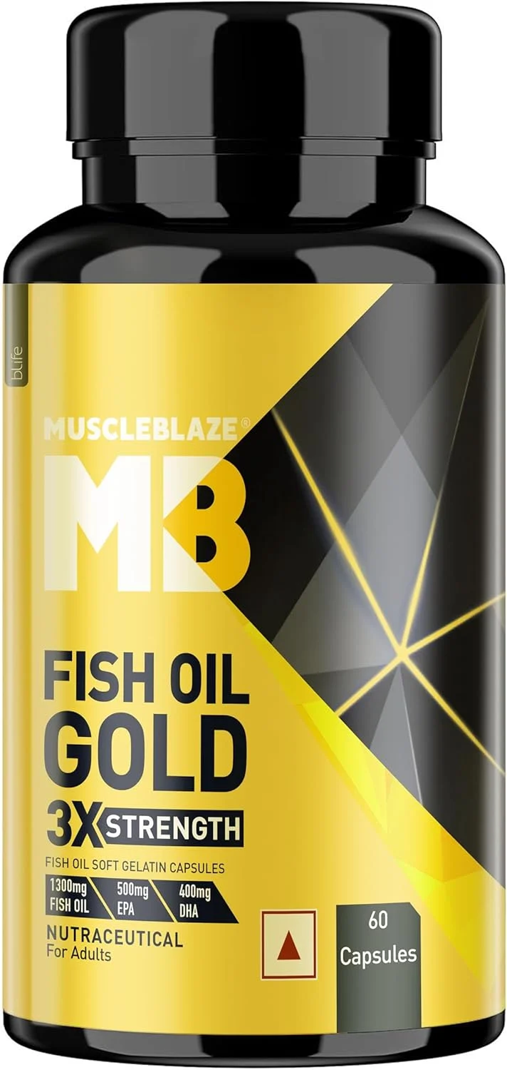 روغن ماهی امگا 3 MuscleBlaze Gold 1250 میلی گرم - فرمول سه گانه (560 میلی گرم EPA و 400 میلی گرم DHA)، 60 کپسول روغن ماهی امگا 3