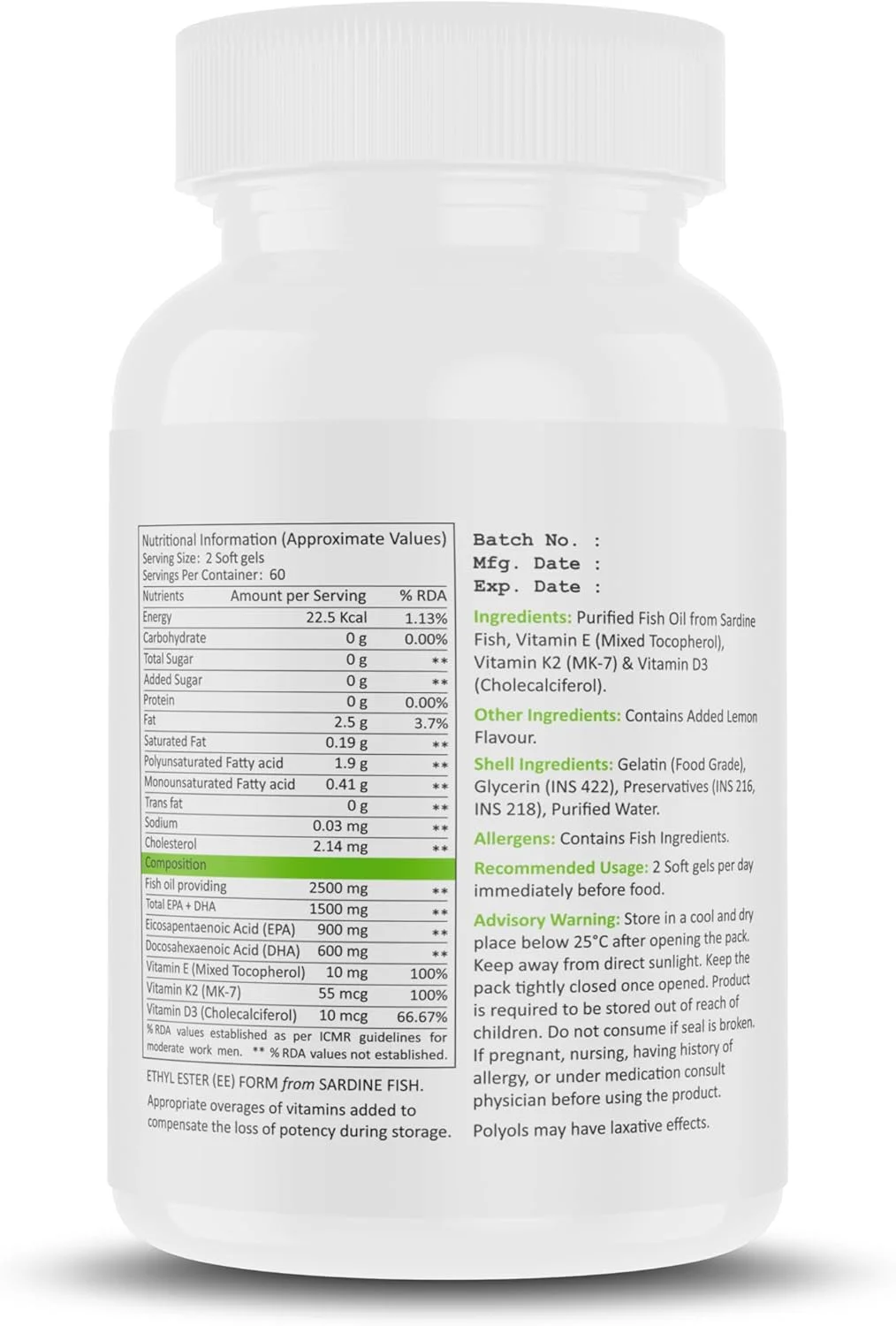 روغن ماهی امگا 3 Muscle Nectar (MN) با قدرت سه برابر 2500 میلی گرم برای آقایان و بانوان - تقطیر مولکولی (1500 میلی گرم EPA/DHA) (120 سافت ژل)