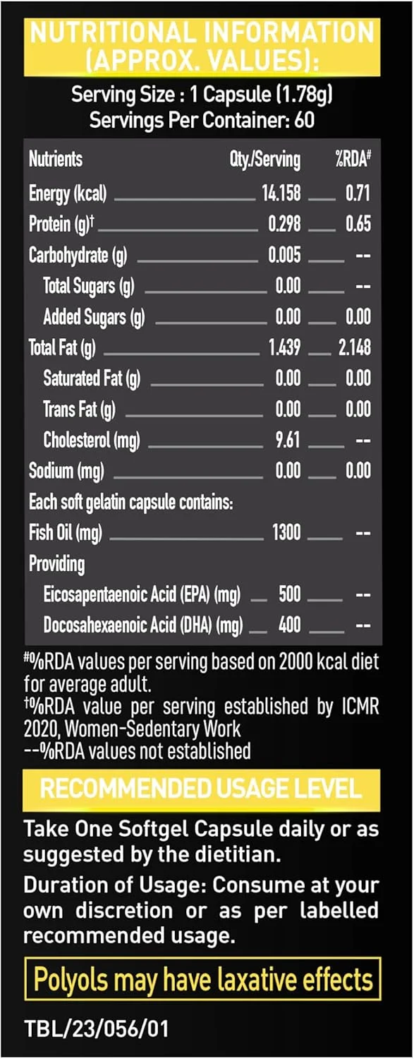 روغن ماهی امگا 3 MuscleBlaze Gold 1250 میلی گرم - فرمول سه گانه (560 میلی گرم EPA و 400 میلی گرم DHA)، 60 کپسول روغن ماهی امگا 3