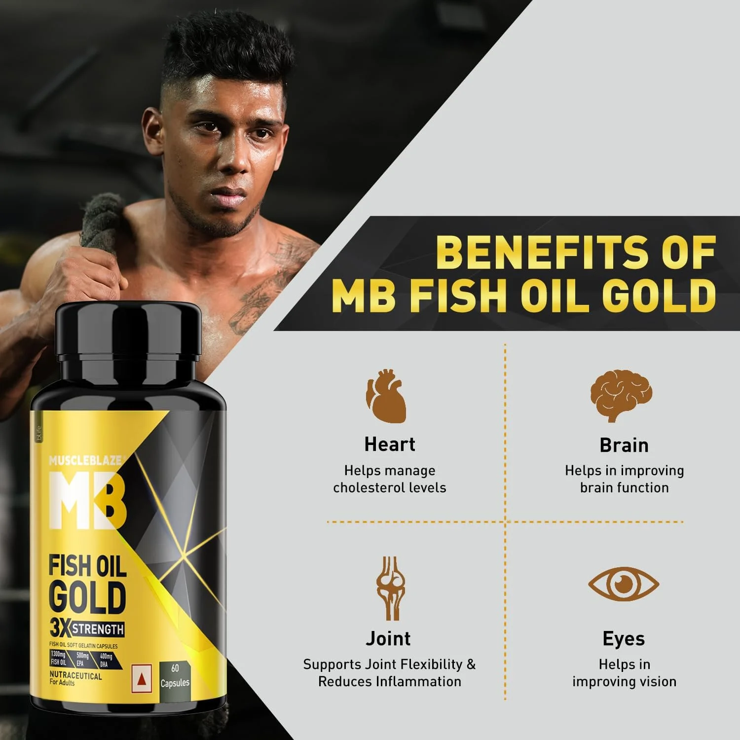 روغن ماهی امگا 3 MuscleBlaze Gold 1250 میلی گرم - فرمول سه گانه (560 میلی گرم EPA و 400 میلی گرم DHA)، 60 کپسول روغن ماهی امگا 3