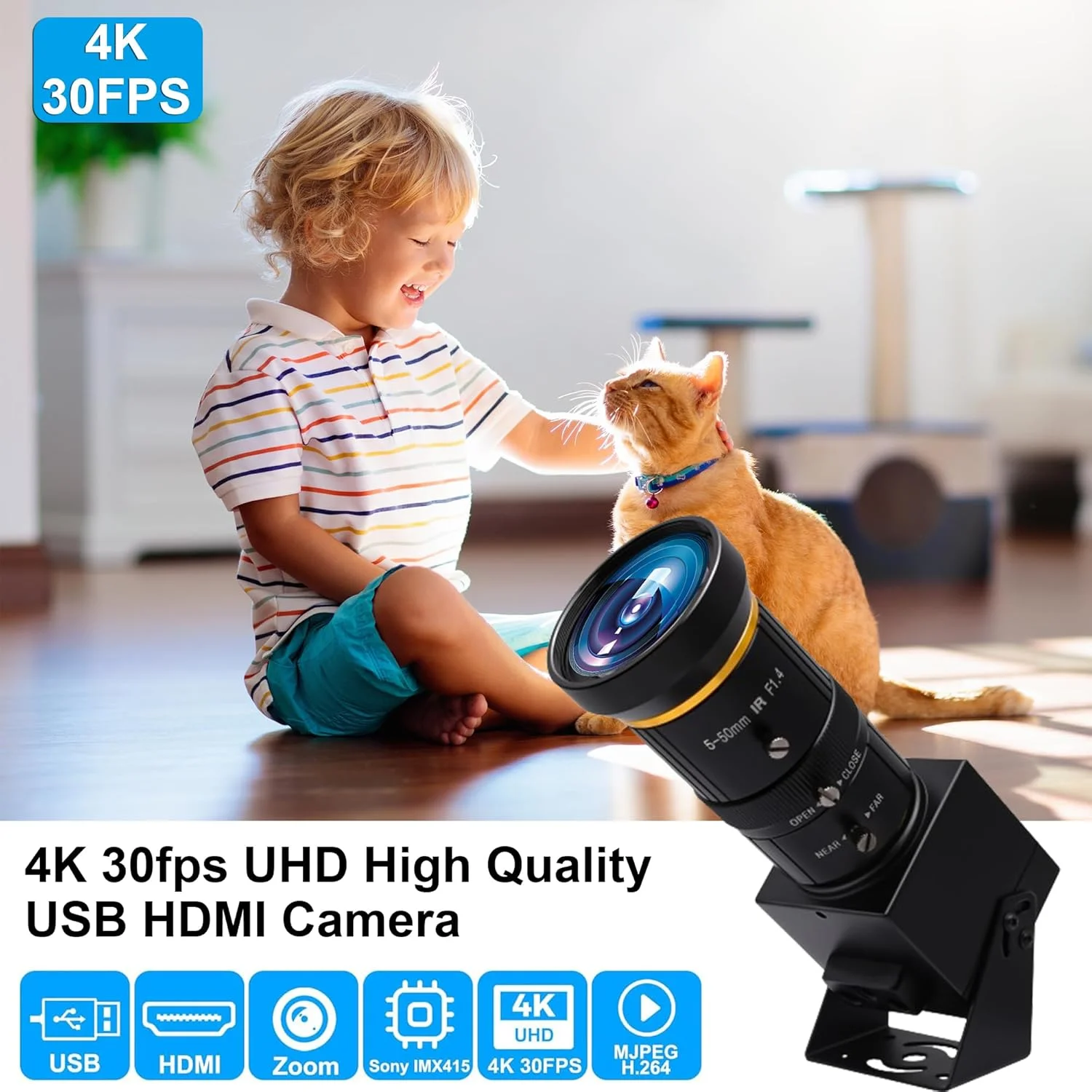 وب کم MMlove HDMI USB Camera 4K UHD 30FPS با زوم اپتیکال 10 برابر، خروجی دوگانه USB/HDMI، زوم دستی 5-50 میلی متری، H.264، زوم دیجیتال 2 برابری، وب کم استریمینگ برای کنفرانس/کلاس ها، Raspberry Pi