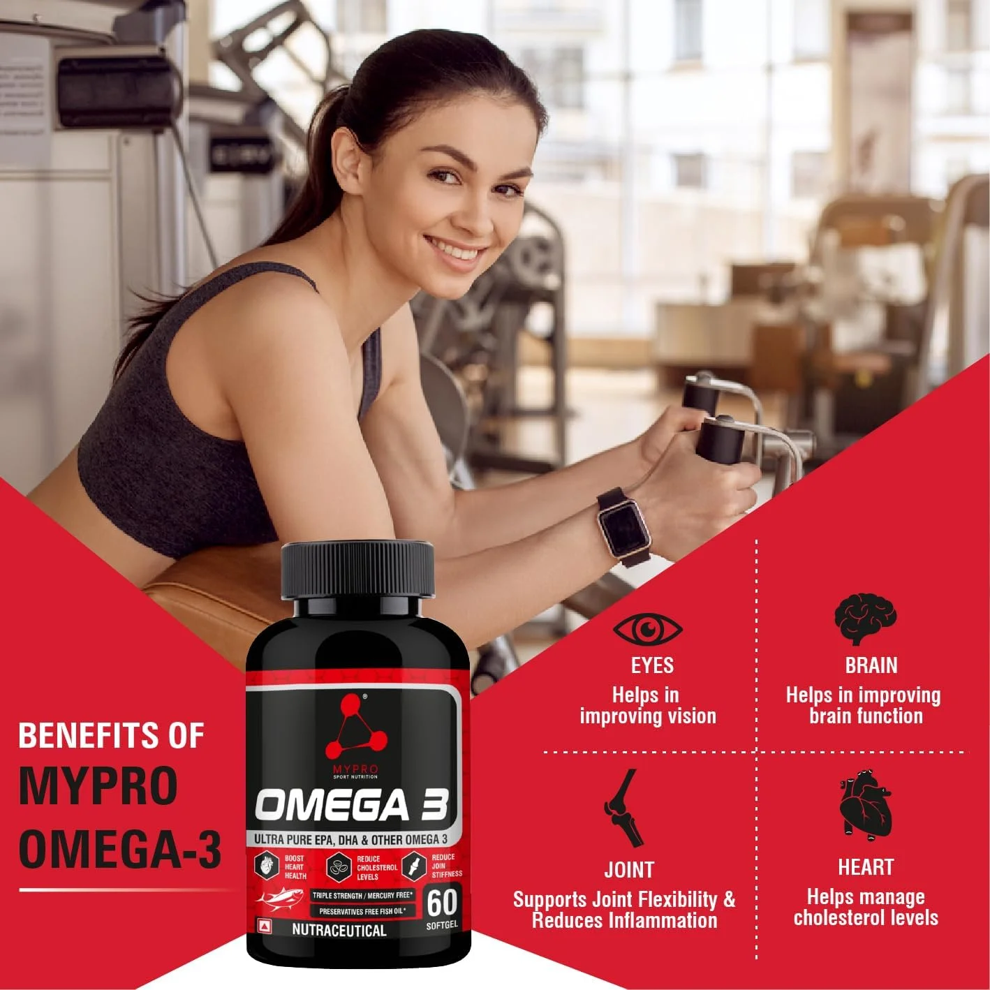 روغن ماهی امگا 3 مایپرو اسپورت نوتریشن، EPA و DHA خالص برای تقویت سلامت قلب | کاهش سطح کلسترول | کاهش سفتی مفاصل، روغن ماهی بدون جیوه برای آقایان و بانوان، 60 سافت ژل