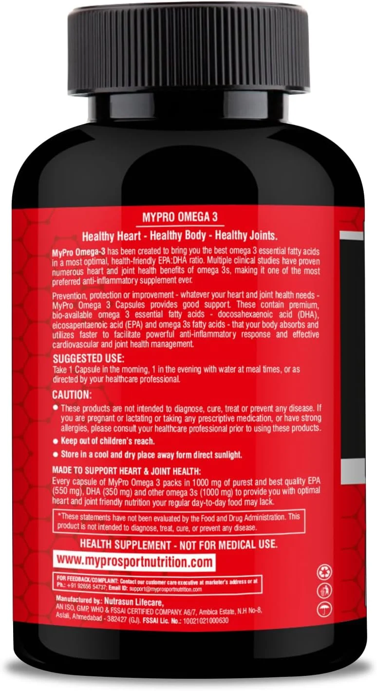 روغن ماهی امگا 3 مایپرو اسپورت نوتریشن، EPA و DHA خالص برای تقویت سلامت قلب | کاهش سطح کلسترول | کاهش سفتی مفاصل، روغن ماهی بدون جیوه برای آقایان و بانوان، 60 سافت ژل