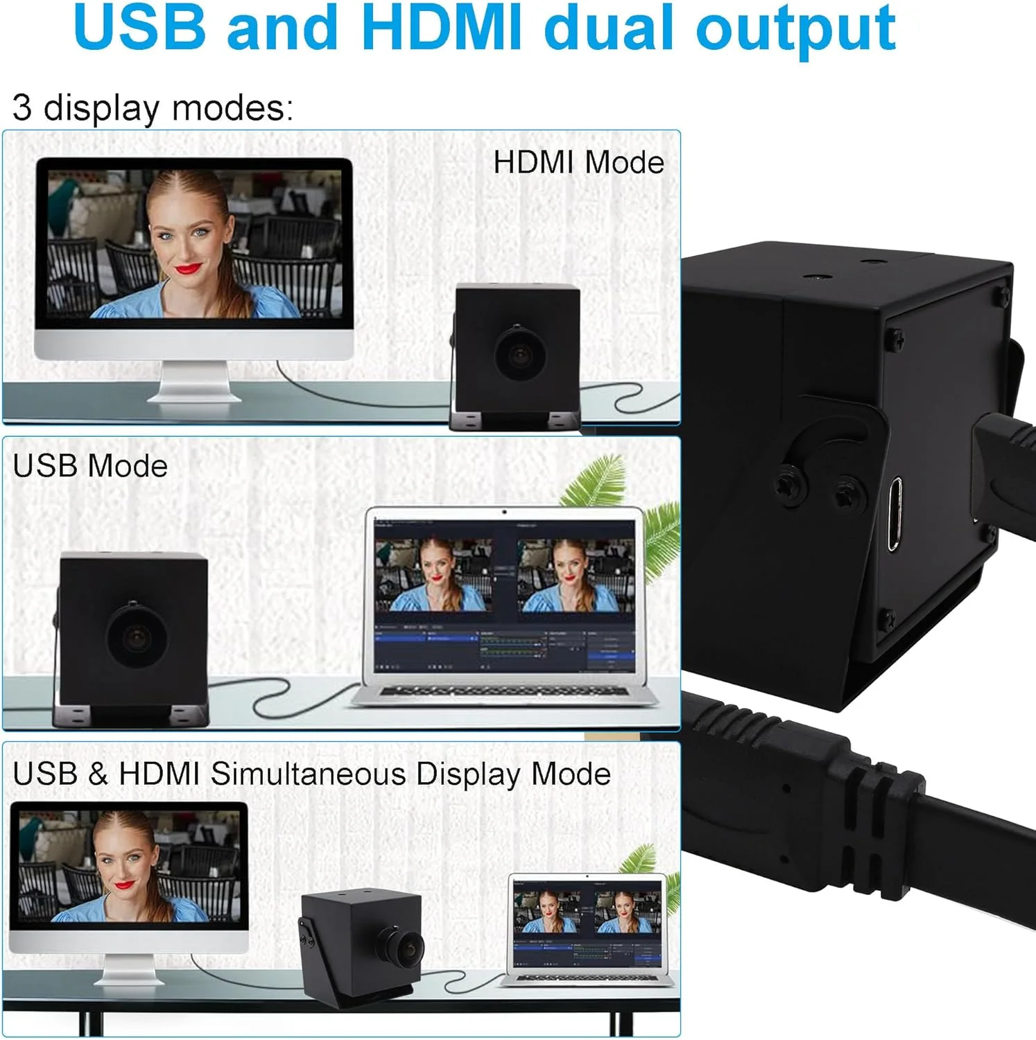 وب کم دوربین USB HDMI با کیفیت 4K و 30 فریم بر ثانیه، خروجی دوگانه USB/HDMI، لنز چشم ماهی زاویه باز 170 درجه، زوم دیجیتال 2X، دوربین استریمینگ PC، اتصال و استفاده آسان برای Raspberry Pi، یوتیوب، فیسبوک و آموزش آنلاین