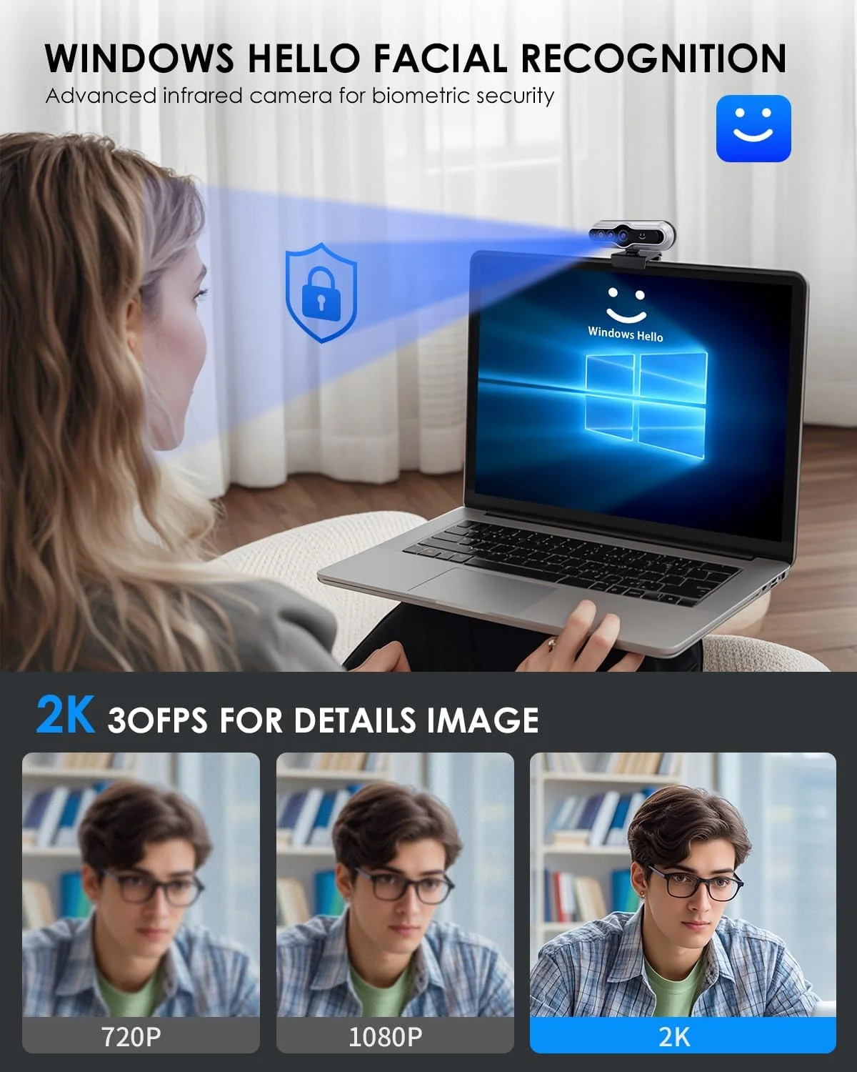 وب‌کم 2K HD مویرتک با قابلیت تشخیص چهره مادون قرمز Windows Hello، دوربین کامپیوتر، پوشش حریم خصوصی، میکروفون‌های حذف نویز، وب‌کم لپ‌تاپ برای کنفرانس ویدیویی، پخش زنده، استریمینگ، آموزش آنلاین