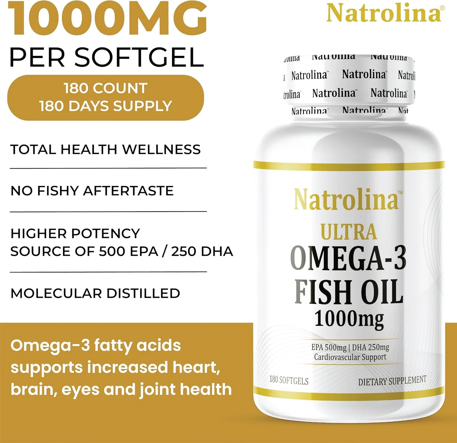 ناترولینا امگا 3 روغن ماهی 1000 میلی گرم - 180 سافت ژل 500 EPA 250 DHA | تقویت سلامت قلب و عروق، پشتیبانی از تحرک مفاصل و عملکرد مغز | مکمل های اسید چرب امگا 3 | غیر GMO، بدون گلوتن ناترولینا امگا 3 روغن ماهی 1000 میلی گرم - 180 سافت ژل 500 EPA 250 DHA | تقویت سلامت قلب و عروق، پشتیبانی از تحرک مفاصل و عملکرد مغز | مکمل های اسید چرب امگا 3 | غیر GMO، بدون گلوتن