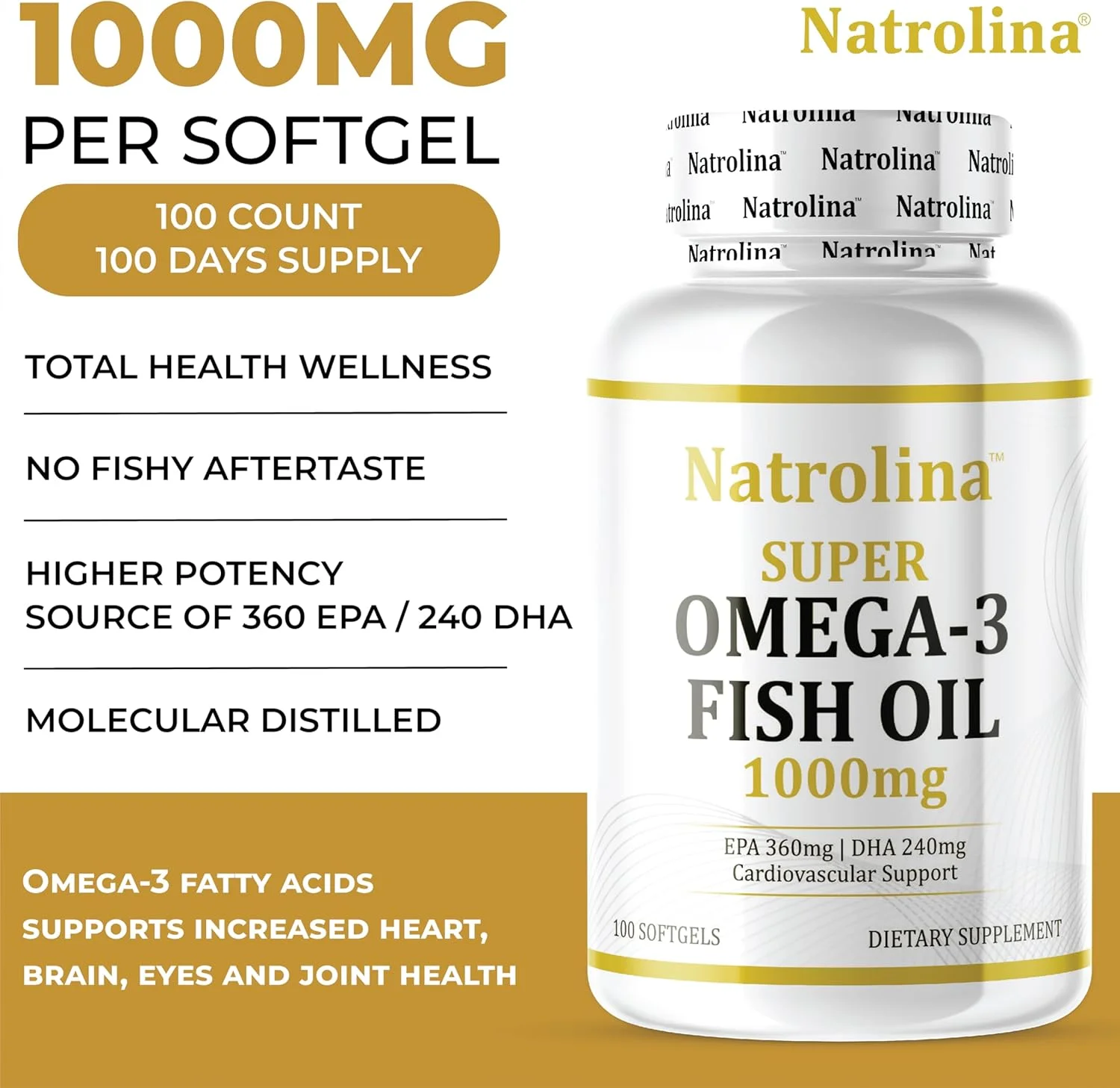 روغن ماهی امگا 3 ناترولینا 2000 میلی گرم، 360 EPA، 240 DHA با قدرت دو برابر، 200 سافت ژل | پشتیبانی از سلامت قلب و عروق، قلب، چشم و مغز | مکمل اسید چرب امگا 3 برای مردان و زنان (تامین 100 روزه)