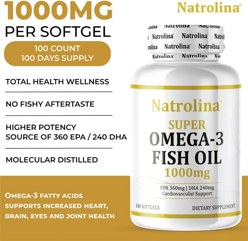 ناترولینا سوپر امگا 3 روغن ماهی 1000 میلی گرم - تقطیر مولکولی 100 سافت ژل | 360 EPA و 240 DHA، تقویت سلامت قلب و عروق، انعطاف پذیری مفاصل، درخشندگی پوست، عملکرد چشم و پشتیبانی از مغز | غیر GMO