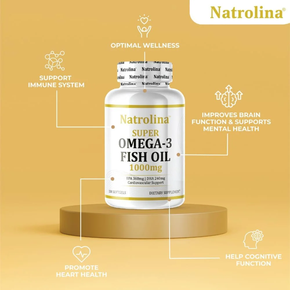 ناترولینا سوپر امگا 3 روغن ماهی 1000 میلی گرم - تقطیر مولکولی 100 سافت ژل | 360 EPA و 240 DHA، تقویت سلامت قلب و عروق، انعطاف پذیری مفاصل، درخشندگی پوست، عملکرد چشم و پشتیبانی از مغز | غیر GMO