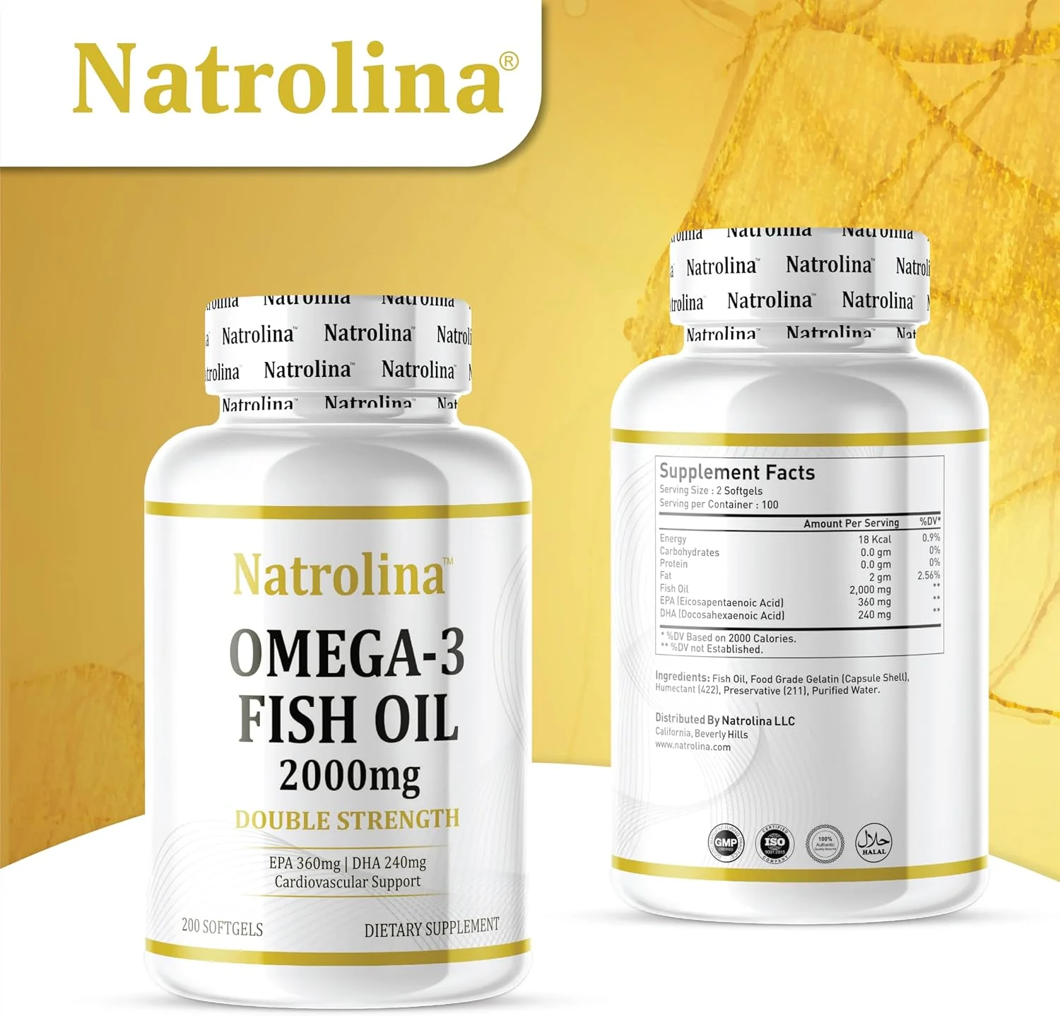 ناترولینا امگا 3 روغن ماهی 2000 میلی گرم 360 EPA 240 DHA با قدرت دو برابر 200 سافت ژل | پشتیبانی از سلامت قلب و عروق، قلب، چشم و مغز | مکمل اسید چرب امگا 3 برای مردان و زنان (تامین 100 روزه)