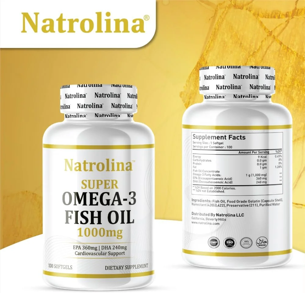 ناترولینا سوپر امگا 3 روغن ماهی 1000 میلی گرم - تقطیر مولکولی 100 سافت ژل | 360 EPA و 240 DHA، تقویت سلامت قلب و عروق، انعطاف پذیری مفاصل، درخشندگی پوست، عملکرد چشم و پشتیبانی از مغز | غیر GMO