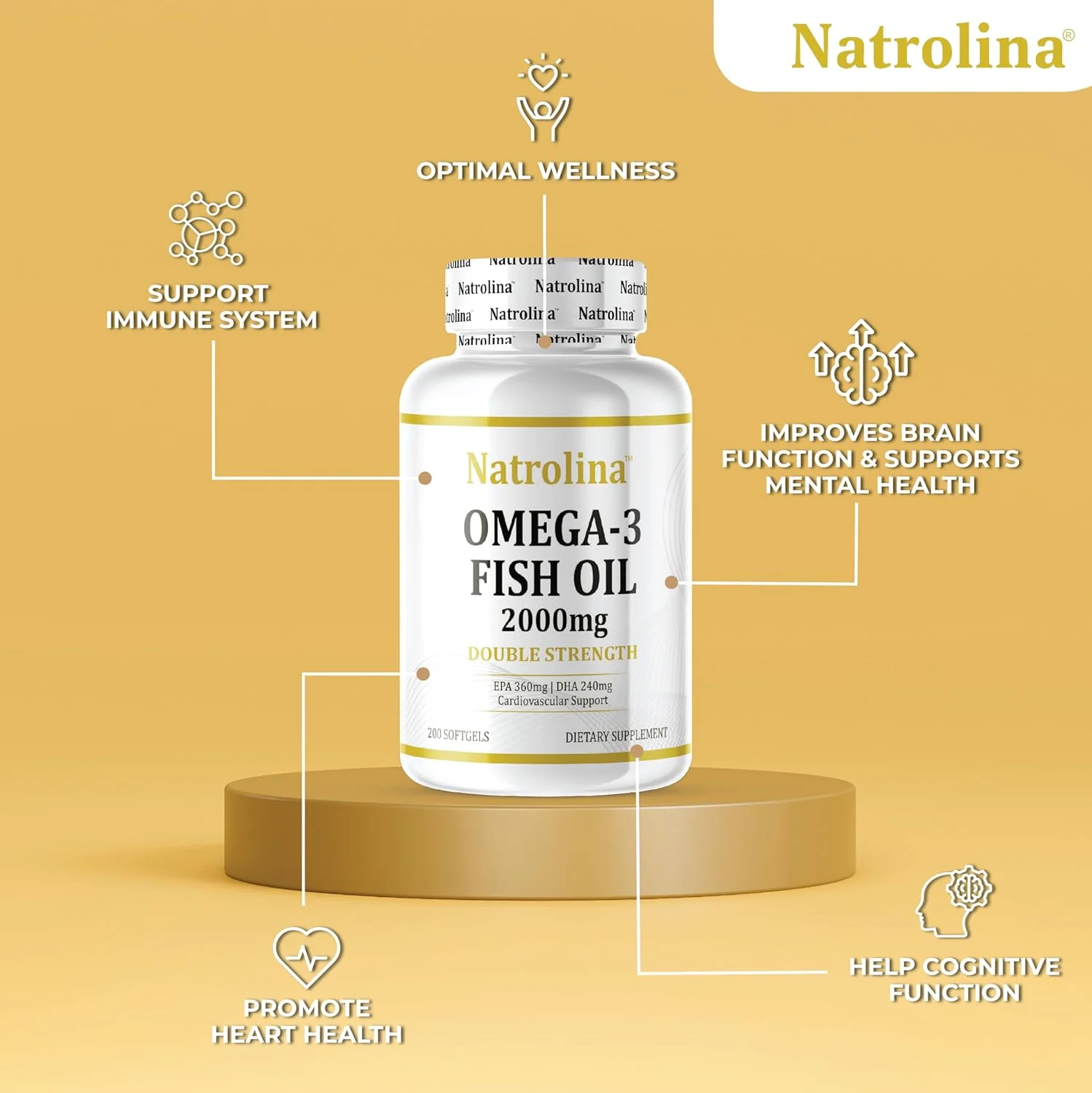 ناترولینا امگا 3 روغن ماهی 2000 میلی گرم 360 EPA 240 DHA با قدرت دو برابر 200 سافت ژل | پشتیبانی از سلامت قلب و عروق، قلب، چشم و مغز | مکمل اسید چرب امگا 3 برای مردان و زنان (تامین 100 روزه)