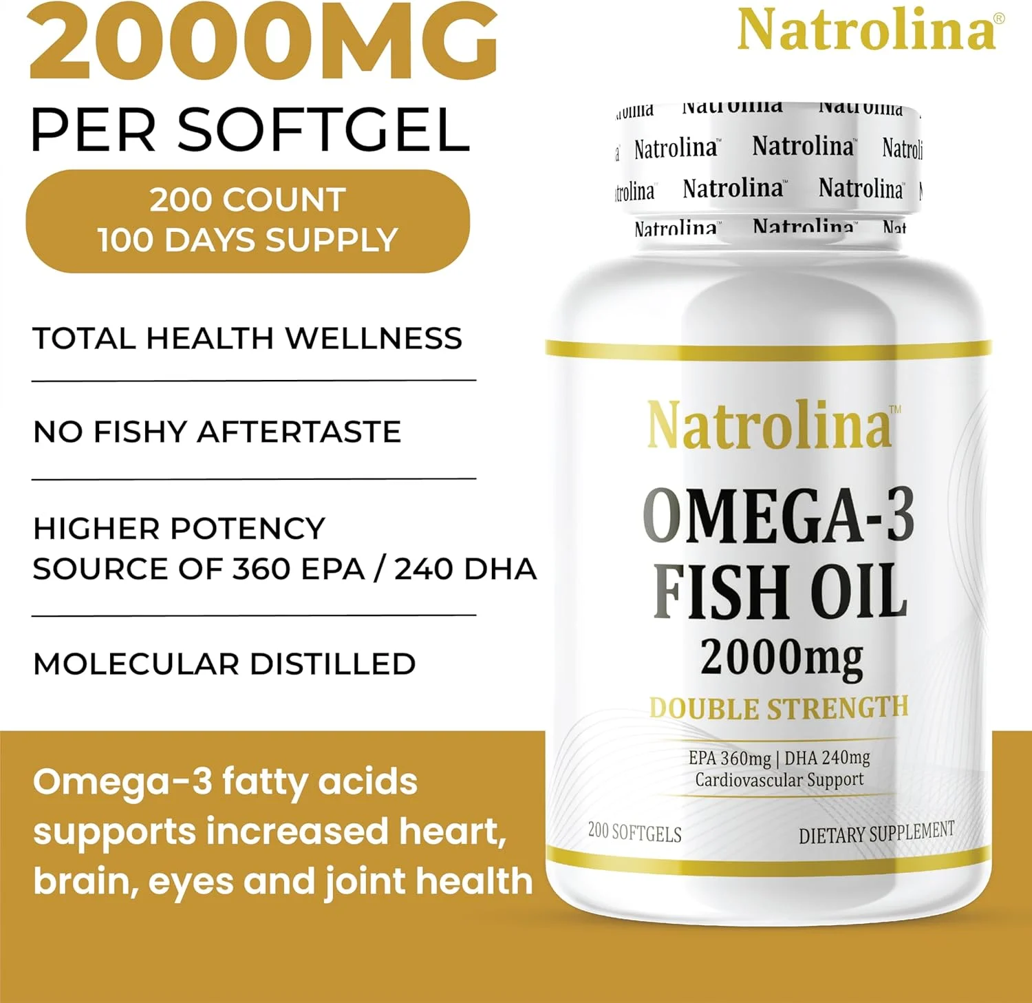 ناترولینا امگا 3 روغن ماهی 2000 میلی گرم 360 EPA 240 DHA با قدرت دو برابر 200 سافت ژل | پشتیبانی از سلامت قلب و عروق، قلب، چشم و مغز | مکمل اسید چرب امگا 3 برای مردان و زنان (تامین 100 روزه)