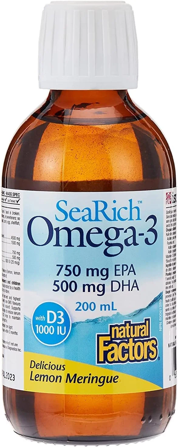 نچرال فاکتورز امگا 3 750 میلی گرم EPA 500 میلی گرم DHA ویتامین D3 سیاریچ LMN، 6.76 FZ