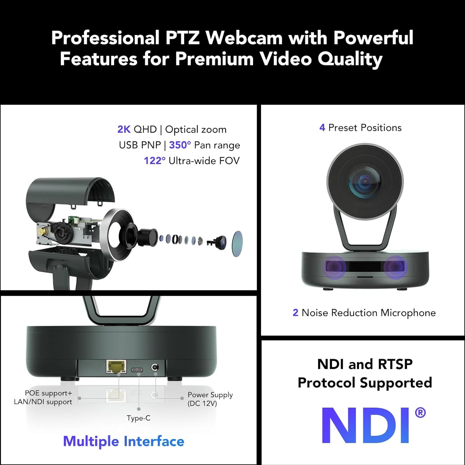 دوربین PTZ مدل NEARITY V410 NDI، وب کم کنفرانس ویدیویی با زوم هیبریدی 10x و کیفیت 2K، مجهز به حذف نویز با هوش مصنوعی، 4 موقعیت از پیش تعیین شده، چرخش 350 درجه افقی و 60 درجه عمودی، زاویه دید 120 درجه، کنترل از راه دور سازگار با Zoom/Teams/Google Meet