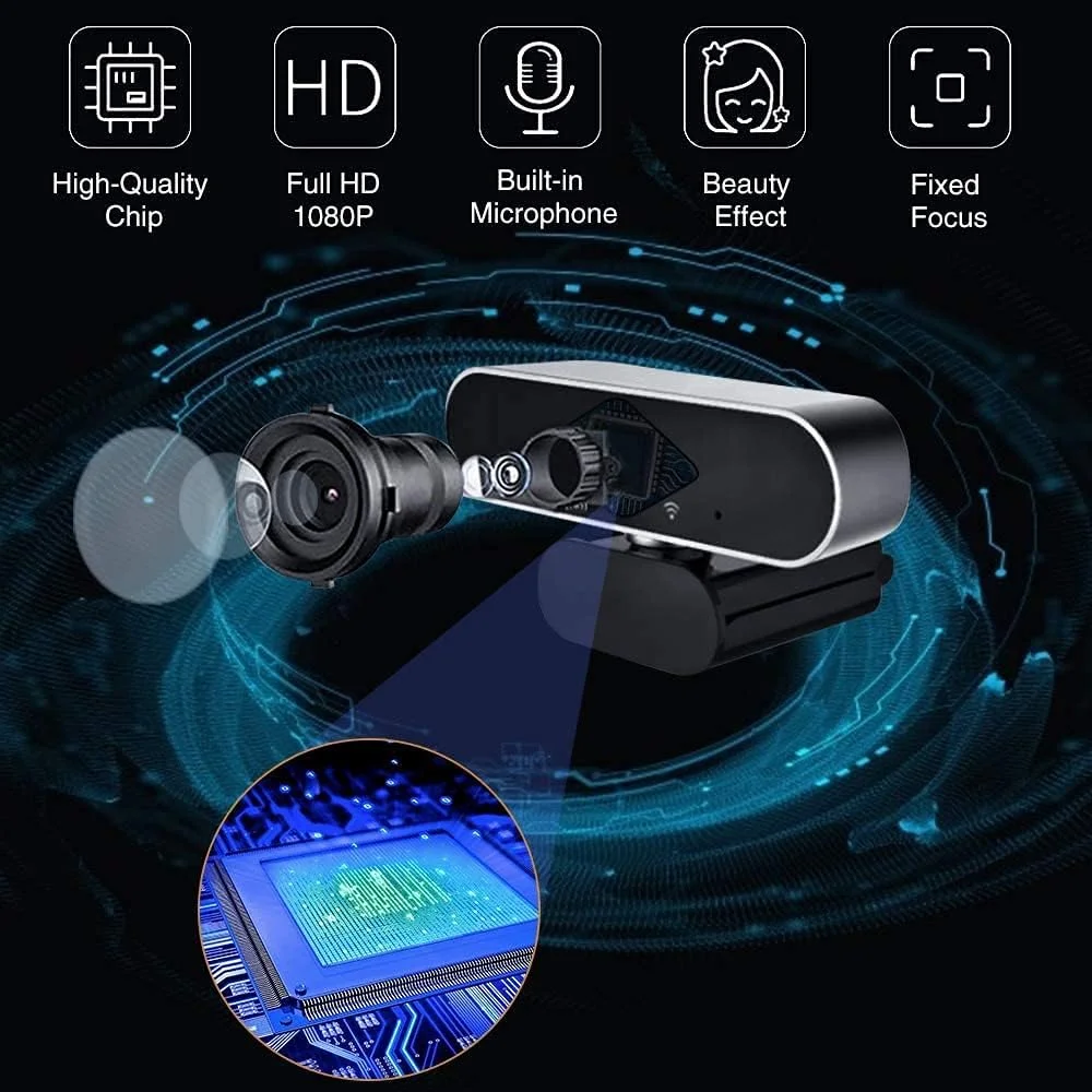 وب کم فول اچ دی 1080p برای کامپیوتر، دوربین های وب کامپیوتر با قابلیت چرخش 360 درجه، وب کم لپ تاپ رومیزی با میکروفون داخلی، اتصال آسان، مناسب برای کلاس های آنلاین و جلسات کوچک