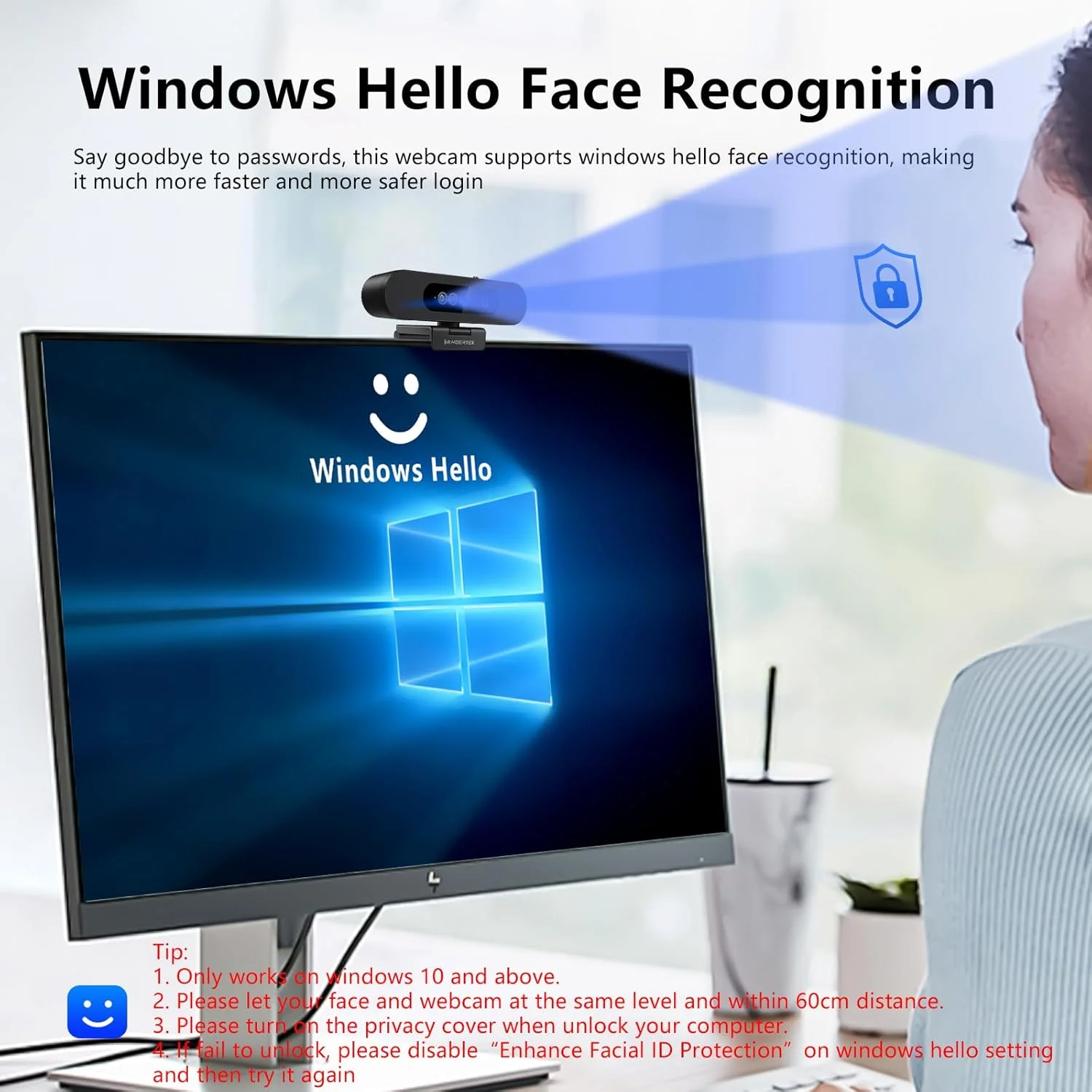 وب‌کم Windows Hello، دوربین 1080P با سرعت 30 فریم بر ثانیه با میکروفون حذف نویز، اتصال آسان، زاویه دید 90 درجه، پوشش حریم خصوصی داخلی، چرخش 360 درجه و شیب 90 درجه، مناسب برای Zoom، Google Meet، Microsoft Teams