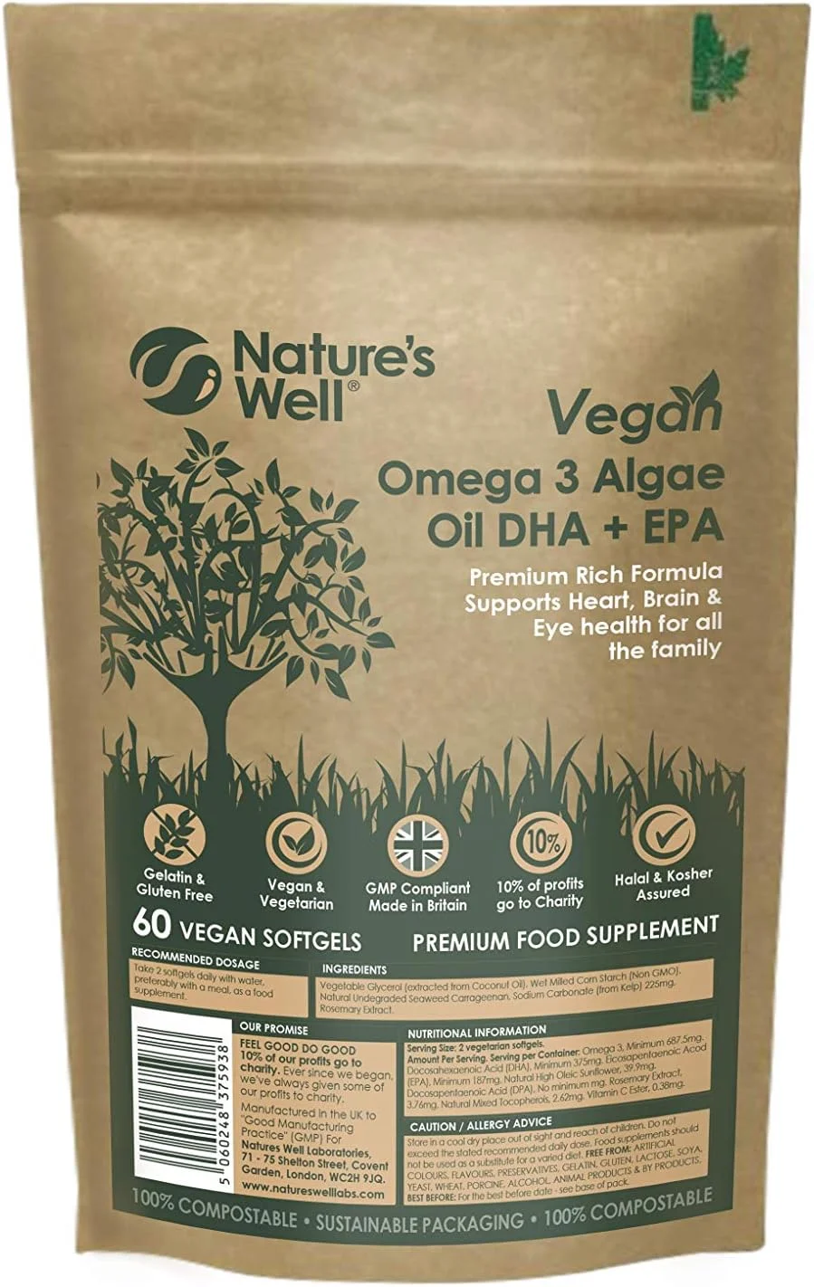 روغن جلبک امگا 3 گیاهی نیچرز ول، DHA + EPA با غلظت بالا، 60 کپسول گیاهی، جایگزین گیاهی پایدار برای روغن ماهی، حلال و کوشر - ساخت انگلستان توسط (Pouch)