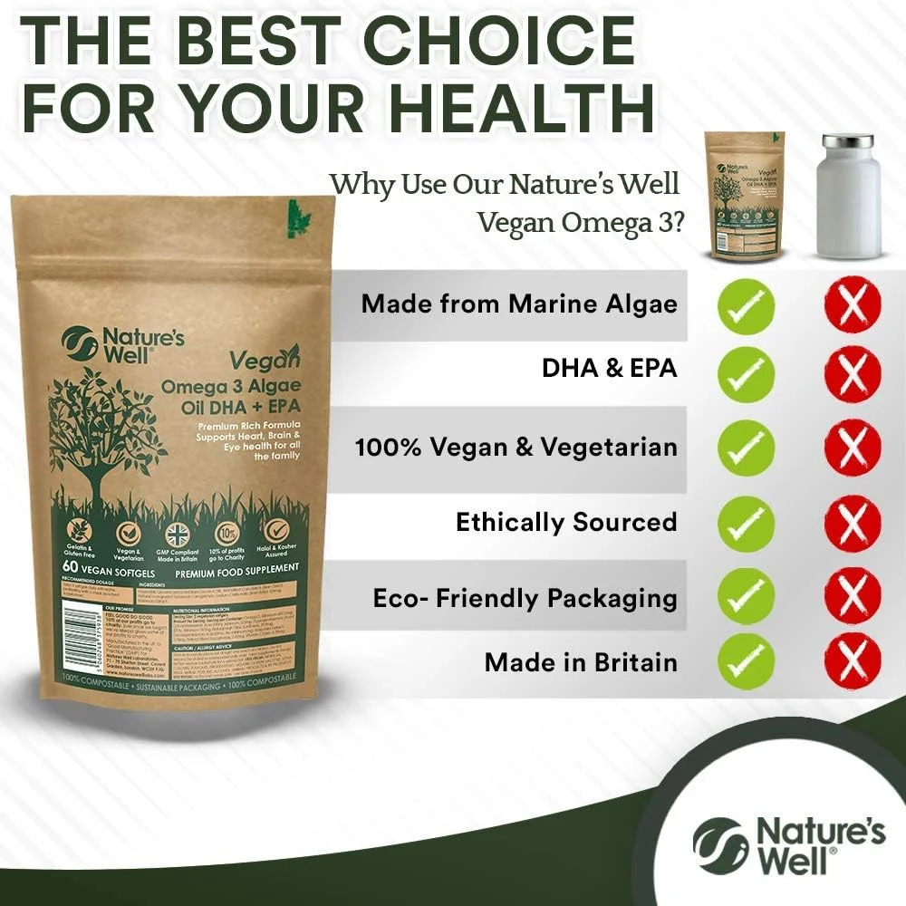 روغن جلبک امگا 3 گیاهی نیچرز ول، DHA + EPA با غلظت بالا، 60 کپسول گیاهی، جایگزین گیاهی پایدار برای روغن ماهی، حلال و کوشر - ساخت انگلستان توسط (Pouch)