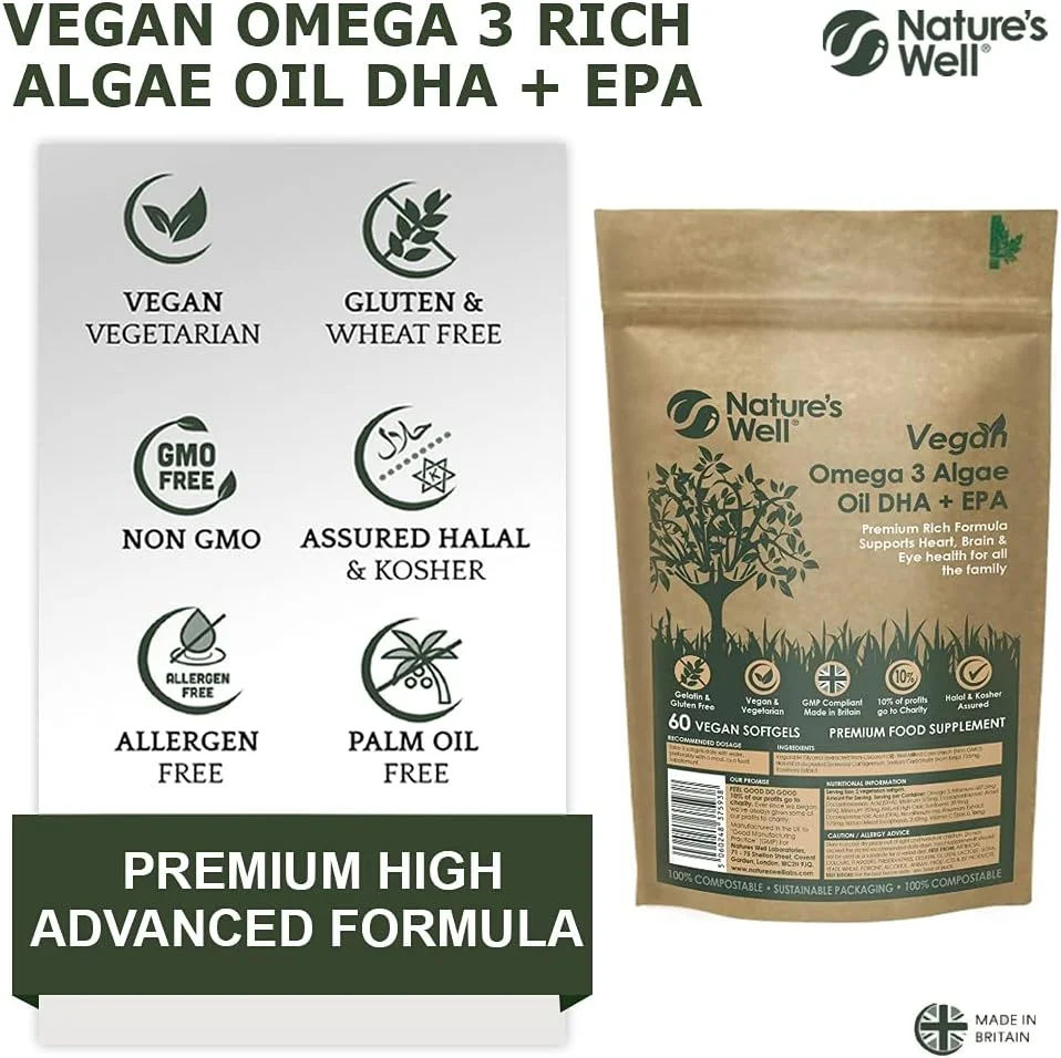 روغن جلبک امگا 3 گیاهی نیچرز ول، DHA + EPA با غلظت بالا، 60 کپسول گیاهی، جایگزین گیاهی پایدار برای روغن ماهی، حلال و کوشر - ساخت انگلستان توسط (Pouch)