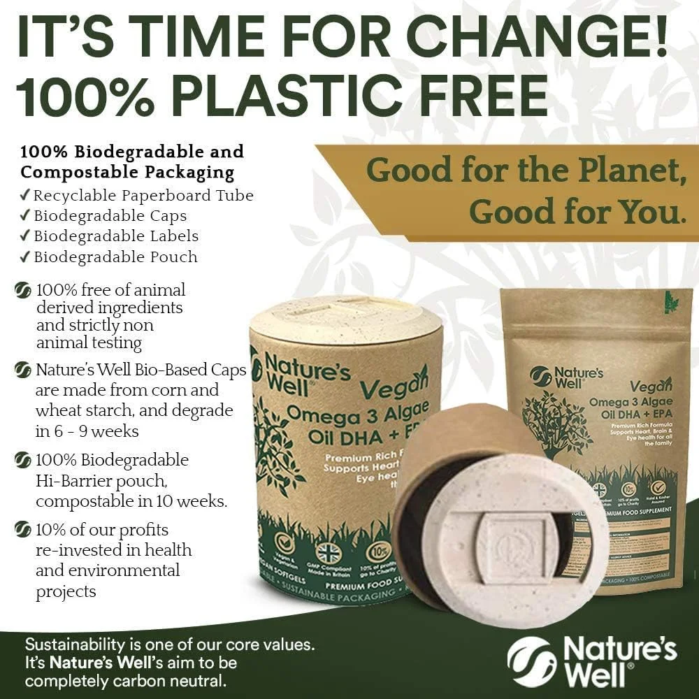 روغن جلبک امگا 3 گیاهی نیچرز ول، DHA + EPA با غلظت بالا، 60 کپسول گیاهی، جایگزین گیاهی پایدار برای روغن ماهی، حلال و کوشر - ساخت انگلستان توسط (Pouch)