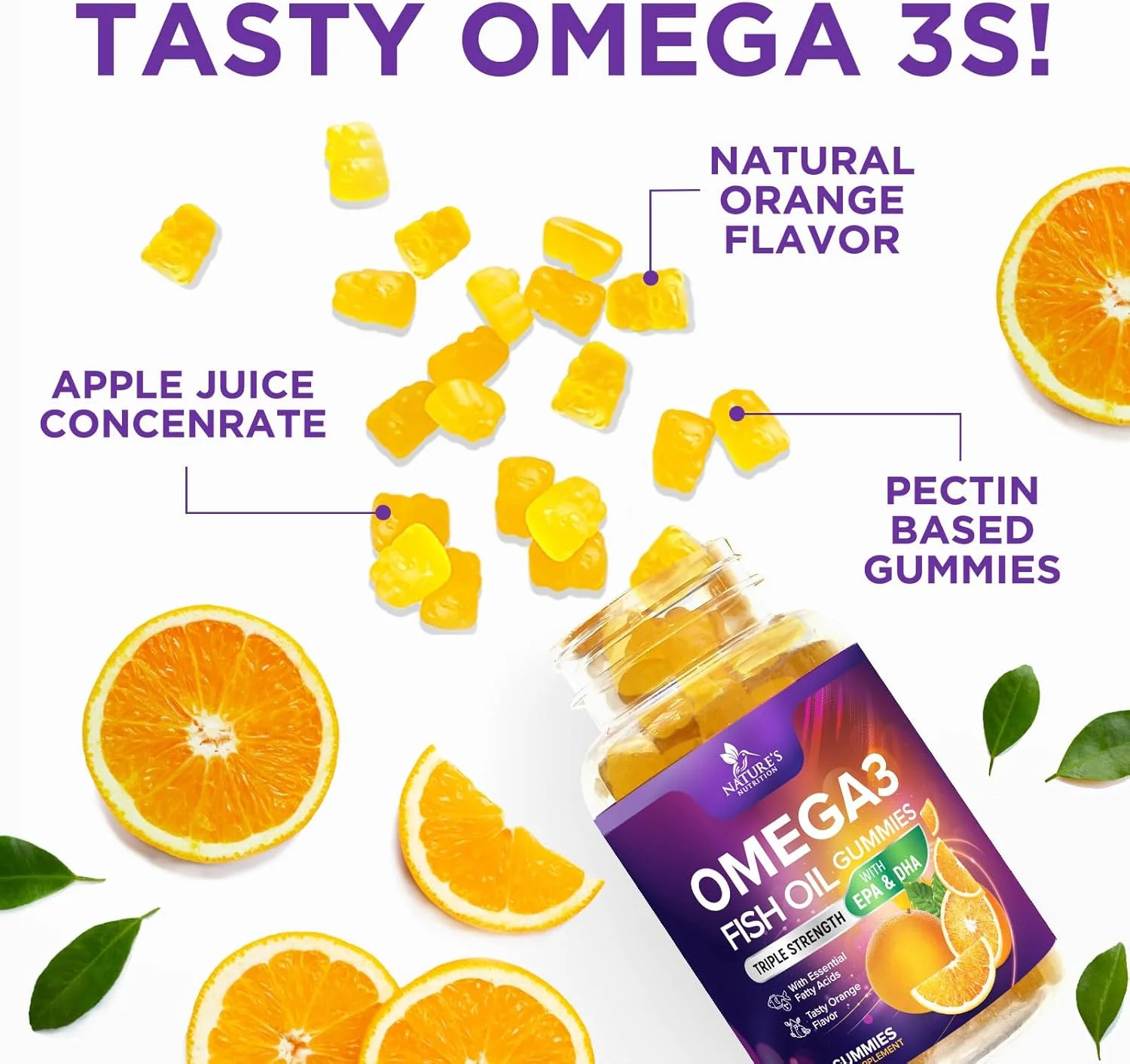 پاستیل روغن ماهی امگا 3 Nature's Nutrition - EPA و DHA با قدرت مضاعف - طعم پرتقال خوشمزه، پشتیبانی طبیعی از مغز و مفاصل، ویتامین پاستیلی خوشمزه برای آقایان و بانوان - 60 پاستیل