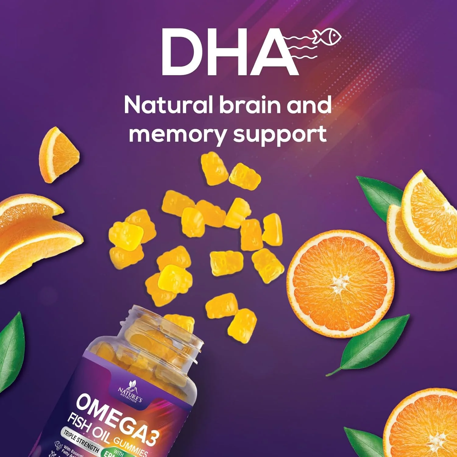 پاستیل روغن ماهی امگا 3 Nature's Nutrition - EPA و DHA با قدرت مضاعف - طعم پرتقال خوشمزه، پشتیبانی طبیعی از مغز و مفاصل، ویتامین پاستیلی خوشمزه برای آقایان و بانوان - 60 پاستیل