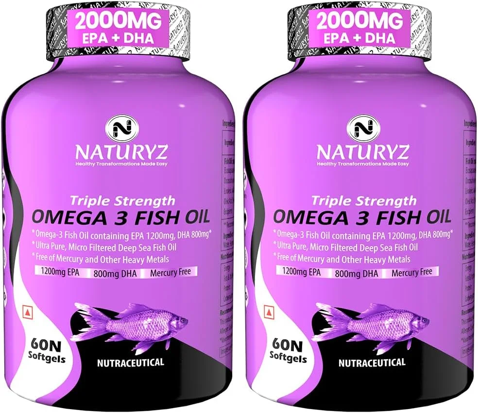 روغن ماهی امگا 3 ناتوریز با قدرت سه برابر، حاوی 2450 میلی گرم امگا 3-6-9 در هر وعده (EPA 1200mg DHA 800mg) کپسول برای آقایان و بانوان (بدون جیوه، بدون مواد نگهدارنده، ضد رفلاکس 120 سافت ژل)