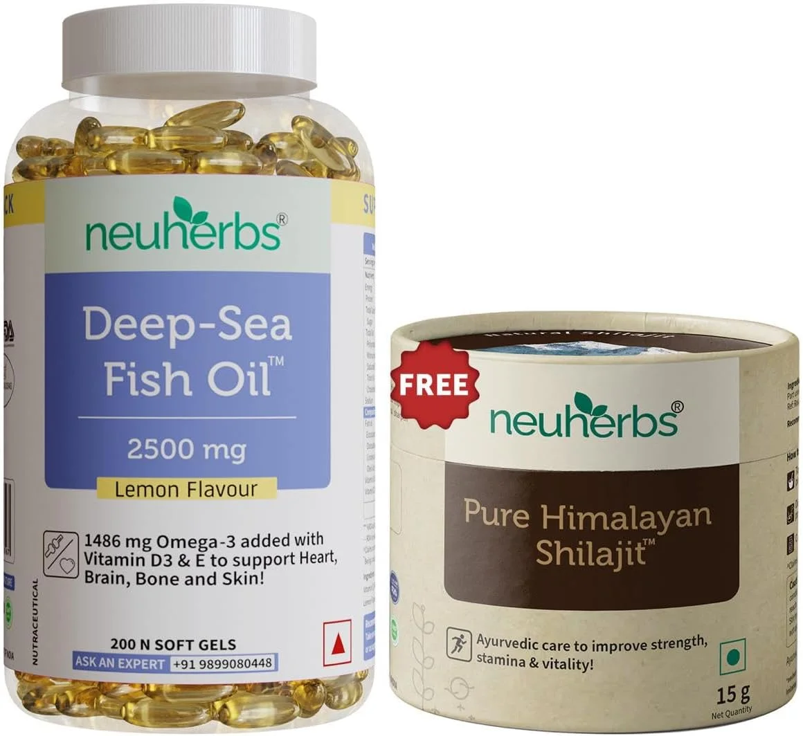 نورهربز روغن ماهی امگا 3 دریای عمیق 2500 میلی گرم - 200 سافت ژل با طعم لیمو به همراه مومنایی هیمالیا 15 گرم رایگان