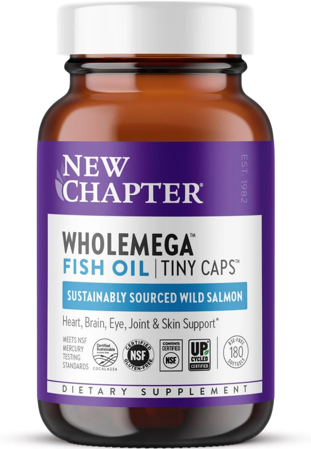 مکمل روغن ماهی نیو چپتر - روغن ماهی سالمون آلاسکا وحشی Wholemega با امگا 3 + ویتامین D3 + آستاگزانتین + صید پایدار - 180 عدد کپسول کوچک