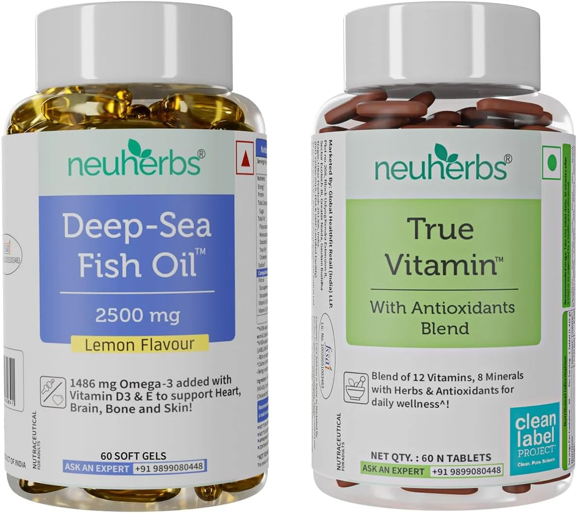 مجموعه مکمل های ویتامین روزانه نوهربز - مولتی ویتامین + روغن ماهی (روغن ماهی دریای عمیق 2500 میلی گرم [60 سافت ژل] + ویتامین واقعی [60 قرص] - مجموعه تقویت ایمنی)