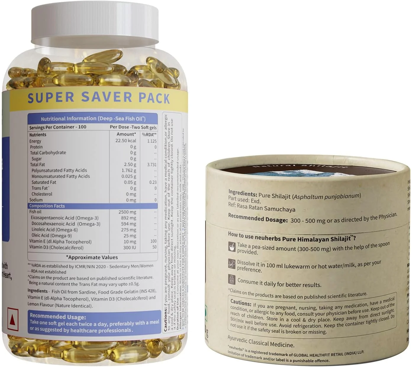 نورهربز روغن ماهی امگا 3 دریای عمیق 2500 میلی گرم - 200 سافت ژل با طعم لیمو به همراه مومنایی هیمالیا 15 گرم رایگان