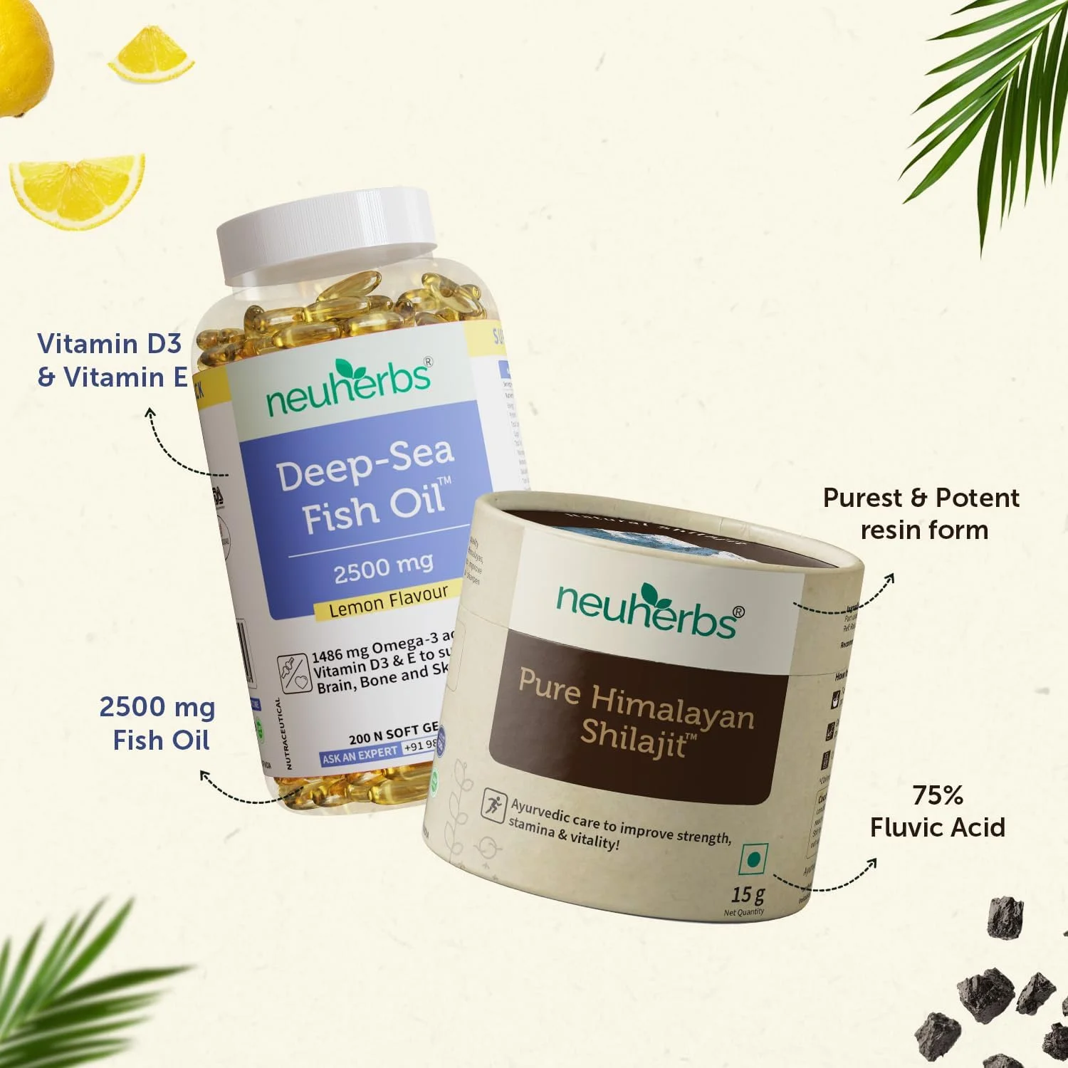 نورهربز روغن ماهی امگا 3 دریای عمیق 2500 میلی گرم - 200 سافت ژل با طعم لیمو به همراه مومنایی هیمالیا 15 گرم رایگان