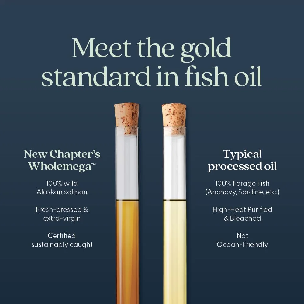 مکمل روغن ماهی نیو چپتر - روغن ماهی سالمون آلاسکا وحشی Wholemega با امگا 3 + ویتامین D3 + آستاگزانتین + صید پایدار - 180 عدد کپسول کوچک