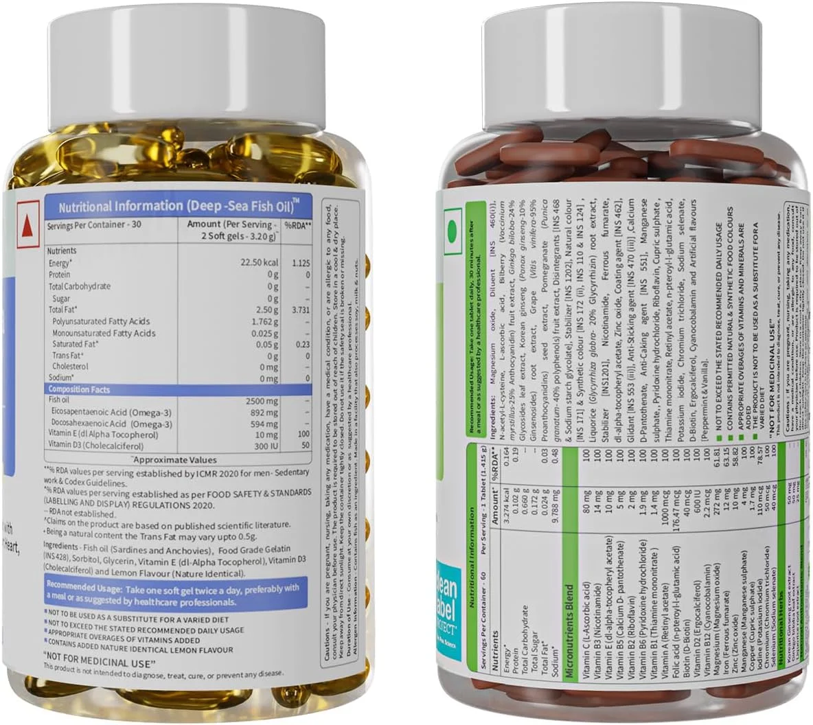 مجموعه مکمل های ویتامین روزانه نوهربز - مولتی ویتامین + روغن ماهی (روغن ماهی دریای عمیق 2500 میلی گرم [60 سافت ژل] + ویتامین واقعی [60 قرص] - مجموعه تقویت ایمنی)