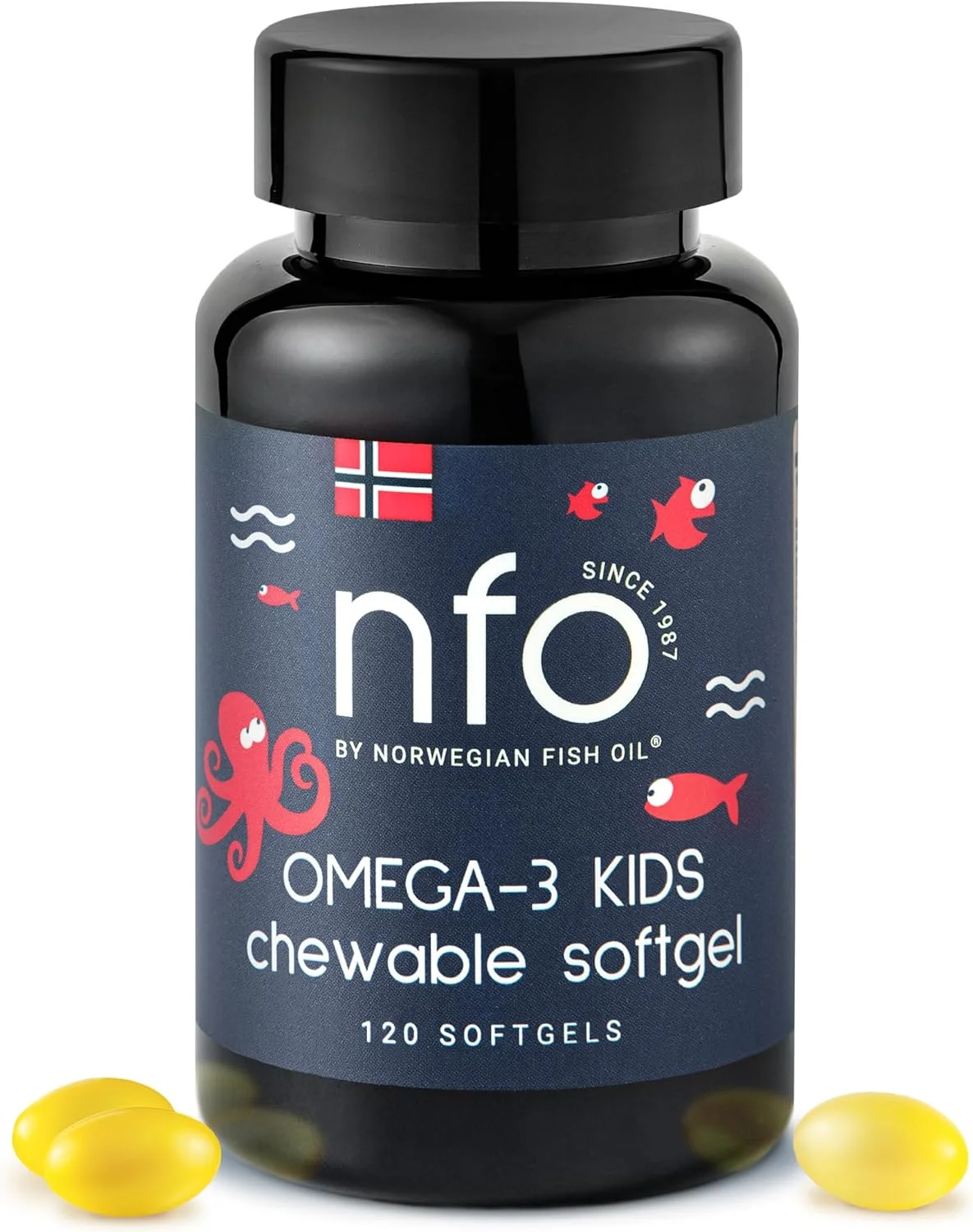 NFO امگا 3 کودکان [120 کپسول] روغن ماهی نروژی با دوز بالا با EPA و DHA به همراه عصاره گل همیشه بهار، ویتامین های D3، A، C و E مکمل طبیعی در کپسول های ژلاتینی ماهی جویدنی برای کودکان 4 سال به بالا