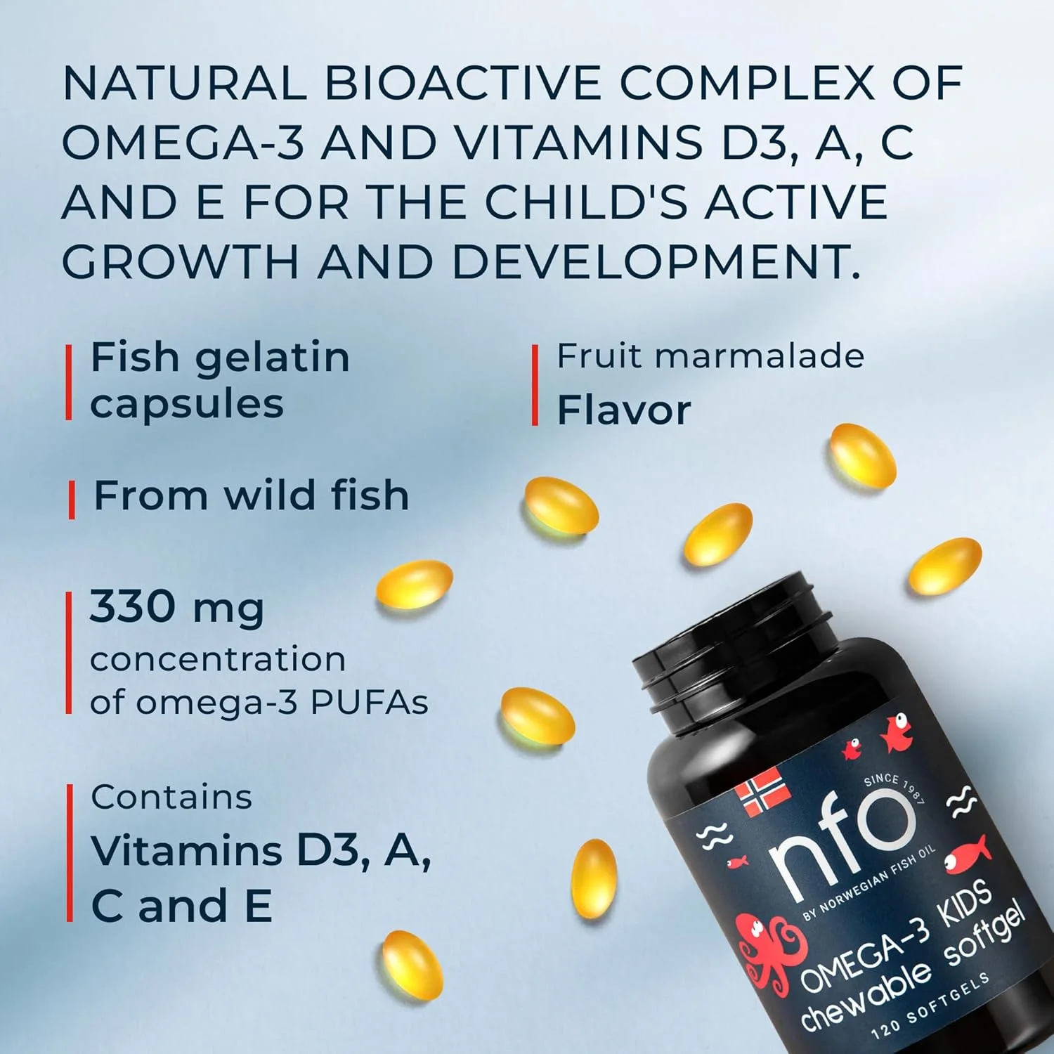 NFO امگا 3 کودکان [120 کپسول] روغن ماهی نروژی با دوز بالا با EPA و DHA به همراه عصاره گل همیشه بهار، ویتامین های D3، A، C و E مکمل طبیعی در کپسول های ژلاتینی ماهی جویدنی برای کودکان 4 سال به بالا