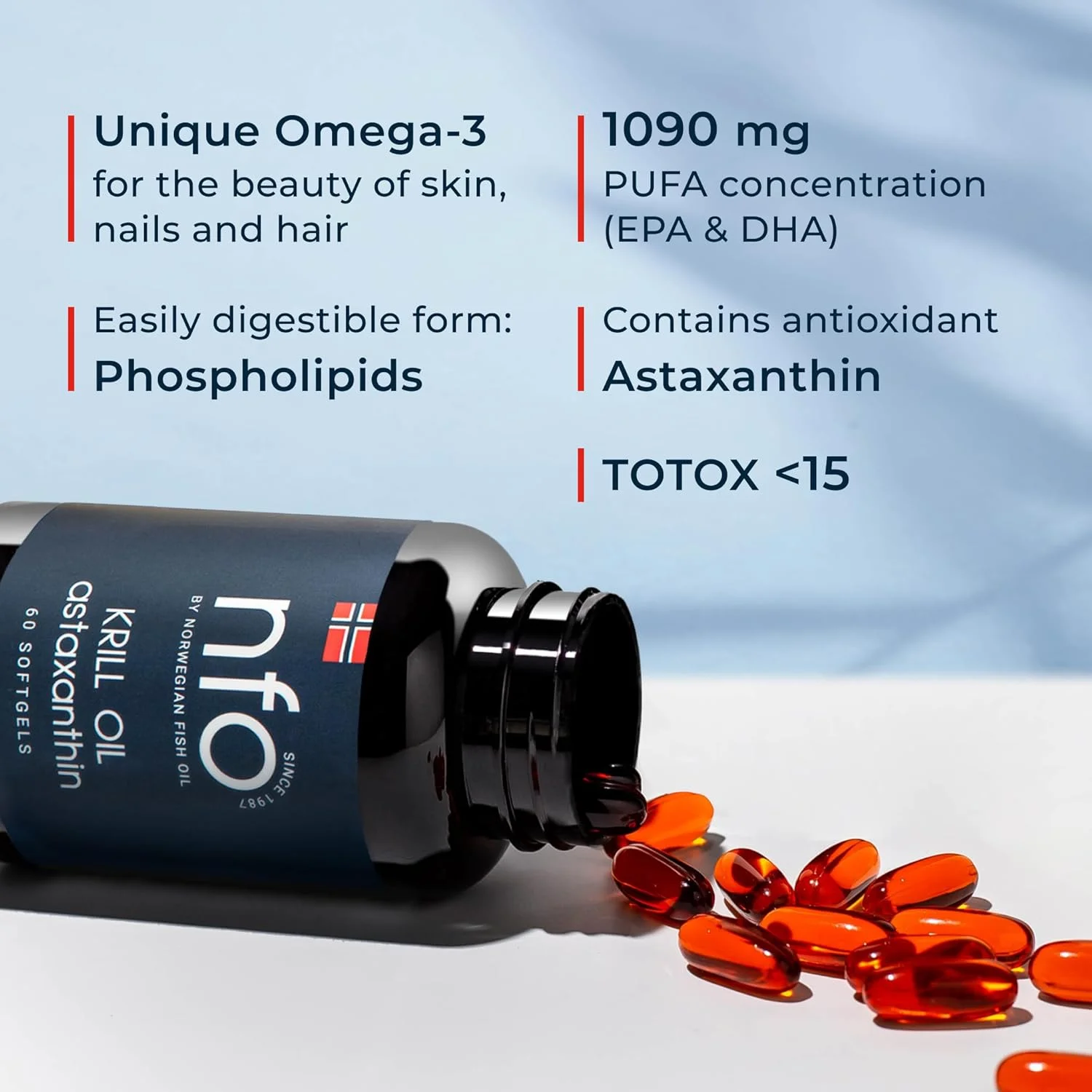 روغن کریل امگا 3 NFO آستاکسانتین [60 کپسول] روغن کریل قطب جنوب با قدرت بالای EPA و DHA به همراه آستاکسانتین و فسفولیپیدها، کمپلکس طبیعی از کریل وحشی تازه صید شده، تولید شده در نروژ