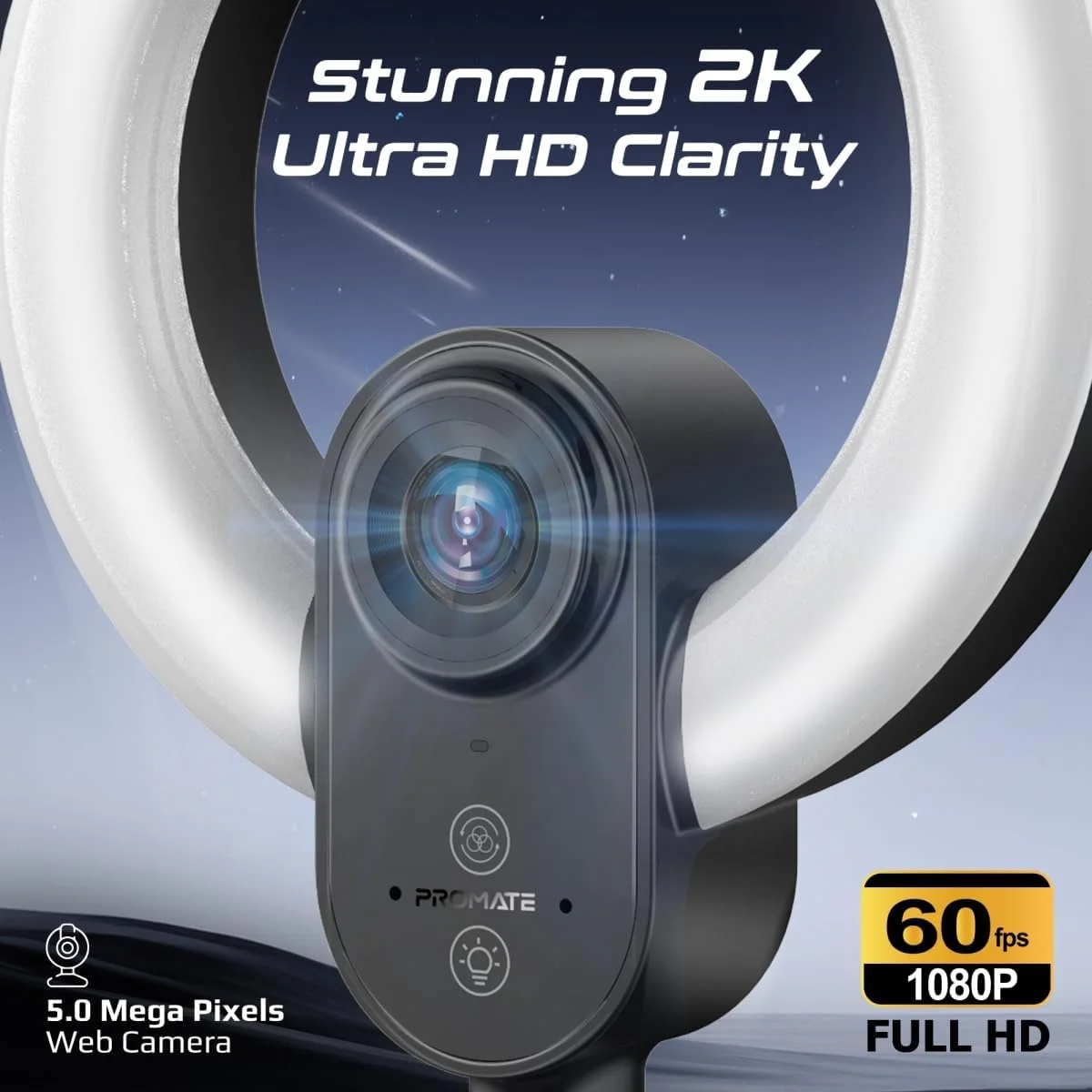 وب کم 2K Ultra HD با دقت بالا Promate با نور حلقه ای قابل تنظیم، فوکوس خودکار زاویه باز 90 درجه، میکروفون های دوگانه همه جهته و سازگاری جهانی برای ویندوز، macOS و لینوکس، VistaCam مشکی وب کم 2K Ultra HD با دقت بالا Promate با نور حلقه ای قابل تنظیم، فوکوس خودکار زاویه باز 90 درجه، میکروفون های دوگانه همه جهته و سازگاری جهانی برای ویندوز، macOS و لینوکس، VistaCam مشکی