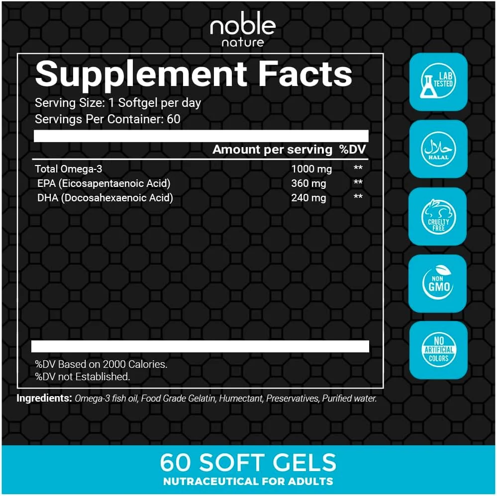 روغن ماهی امگا 3 با قدرت دو برابر نوبل نیچر - مکمل روغن ماهی با اسیدهای چرب EPA و DHA - پشتیبانی از قلب، مغز و سیستم ایمنی برای آقایان و بانوان - 1000 میلی گرم، 60 سافت ژل روغن ماهی امگا 3 با قدرت دو برابر نوبل نیچر - مکمل روغن ماهی با اسیدهای چرب EPA و DHA - پشتیبانی از قلب، مغز و سیستم ایمنی برای آقایان و بانوان - 1000 میلی گرم، 60 سافت ژل