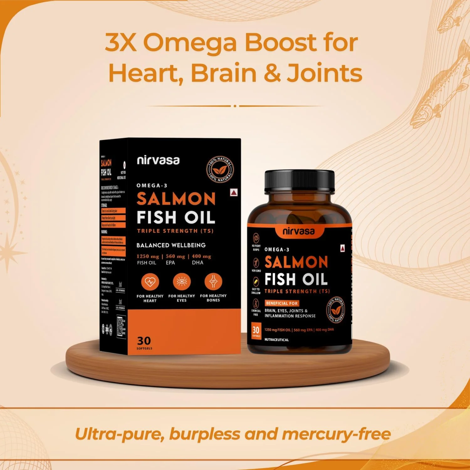 کپسول های نرم روغن ماهی سالمون امگا 3 نیرواسا (سه برابر قوی) برای آقایان و بانوان | 1250 میلی گرم روغن ماهی سالمون، 560 میلی گرم EPA و 400 میلی گرم DHA | بدون بوی ماهی | پشتیبانی از سلامت قلب، مغز و استخوان - 30 عدد کپسول های نرم روغن ماهی سالمون امگا 3 نیرواسا (سه برابر قوی) برای آقایان و بانوان | 1250 میلی گرم روغن ماهی سالمون، 560 میلی گرم EPA و 400 میلی گرم DHA | بدون بوی ماهی | پشتیبانی از سلامت قلب، مغز و استخوان - 30 عدد