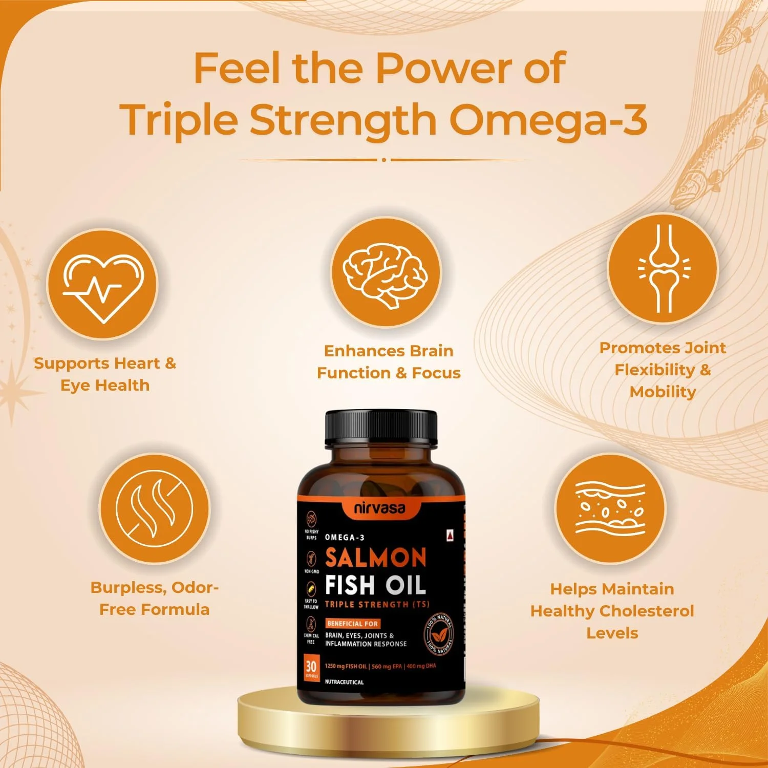 کپسول های نرم روغن ماهی سالمون امگا 3 نیرواسا (سه برابر قوی) برای آقایان و بانوان | 1250 میلی گرم روغن ماهی سالمون، 560 میلی گرم EPA و 400 میلی گرم DHA | بدون بوی ماهی | پشتیبانی از سلامت قلب، مغز و استخوان - 30 عدد کپسول های نرم روغن ماهی سالمون امگا 3 نیرواسا (سه برابر قوی) برای آقایان و بانوان | 1250 میلی گرم روغن ماهی سالمون، 560 میلی گرم EPA و 400 میلی گرم DHA | بدون بوی ماهی | پشتیبانی از سلامت قلب، مغز و استخوان - 30 عدد