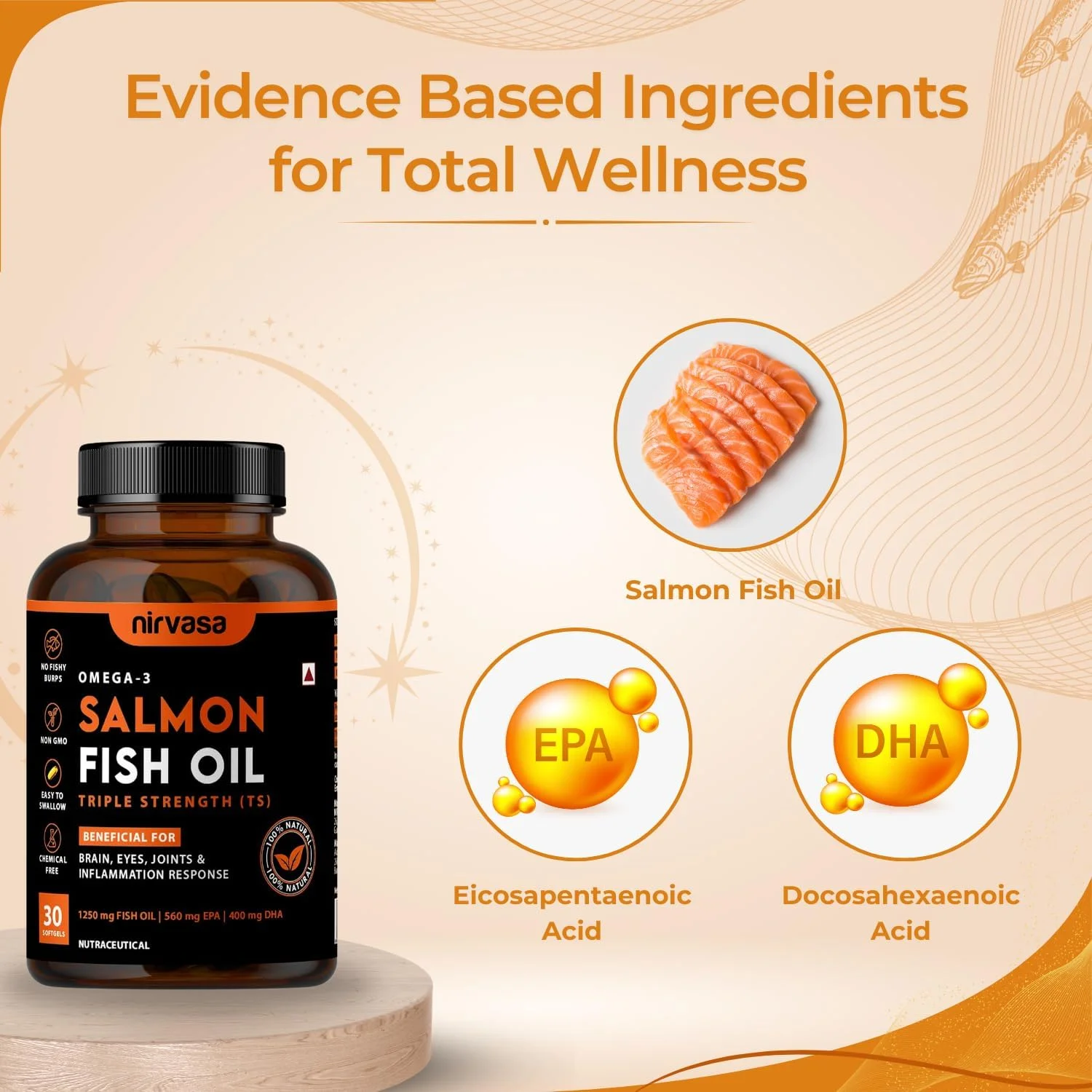 کپسول های نرم روغن ماهی سالمون امگا 3 نیرواسا (سه برابر قوی) برای آقایان و بانوان | 1250 میلی گرم روغن ماهی سالمون، 560 میلی گرم EPA و 400 میلی گرم DHA | بدون بوی ماهی | پشتیبانی از سلامت قلب، مغز و استخوان - 30 عدد کپسول های نرم روغن ماهی سالمون امگا 3 نیرواسا (سه برابر قوی) برای آقایان و بانوان | 1250 میلی گرم روغن ماهی سالمون، 560 میلی گرم EPA و 400 میلی گرم DHA | بدون بوی ماهی | پشتیبانی از سلامت قلب، مغز و استخوان - 30 عدد